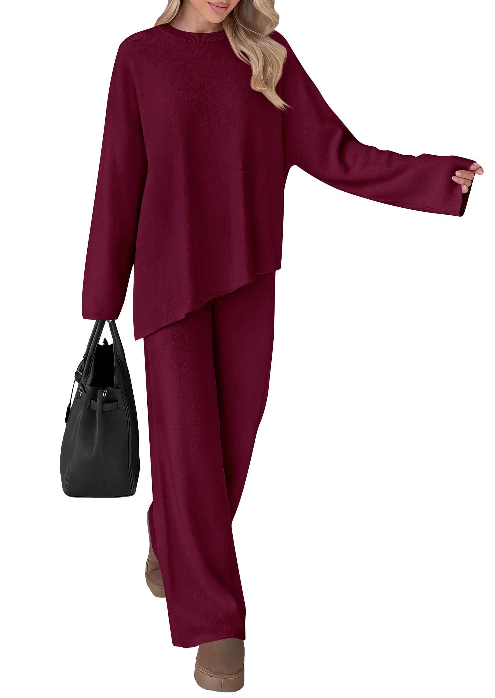 Womens Fall 2 Piece Asymmetric Cozy Sweater Travel Lounge Sets