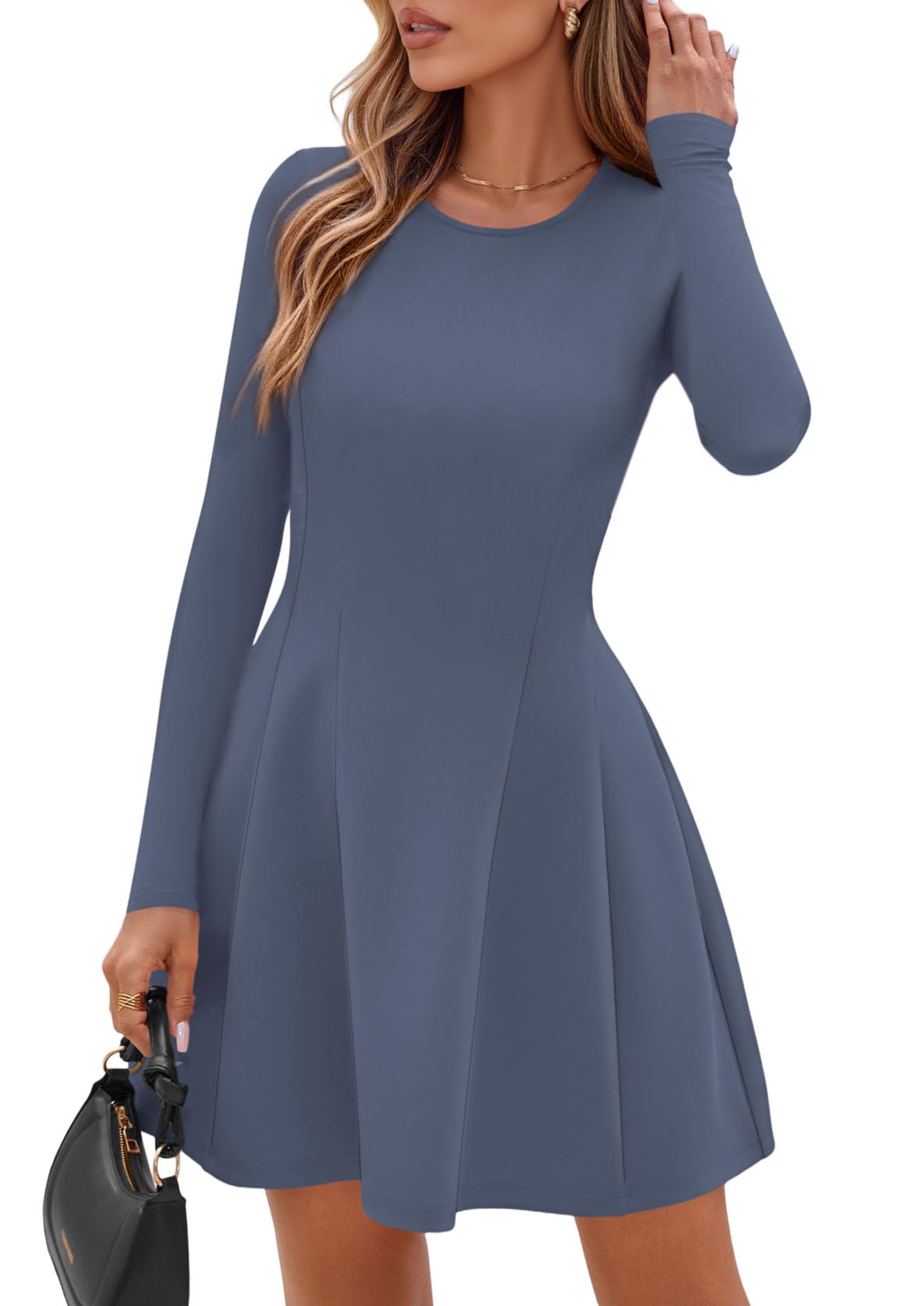 Womens Long Sleeve Pleated Mini Dress,Blue,XS