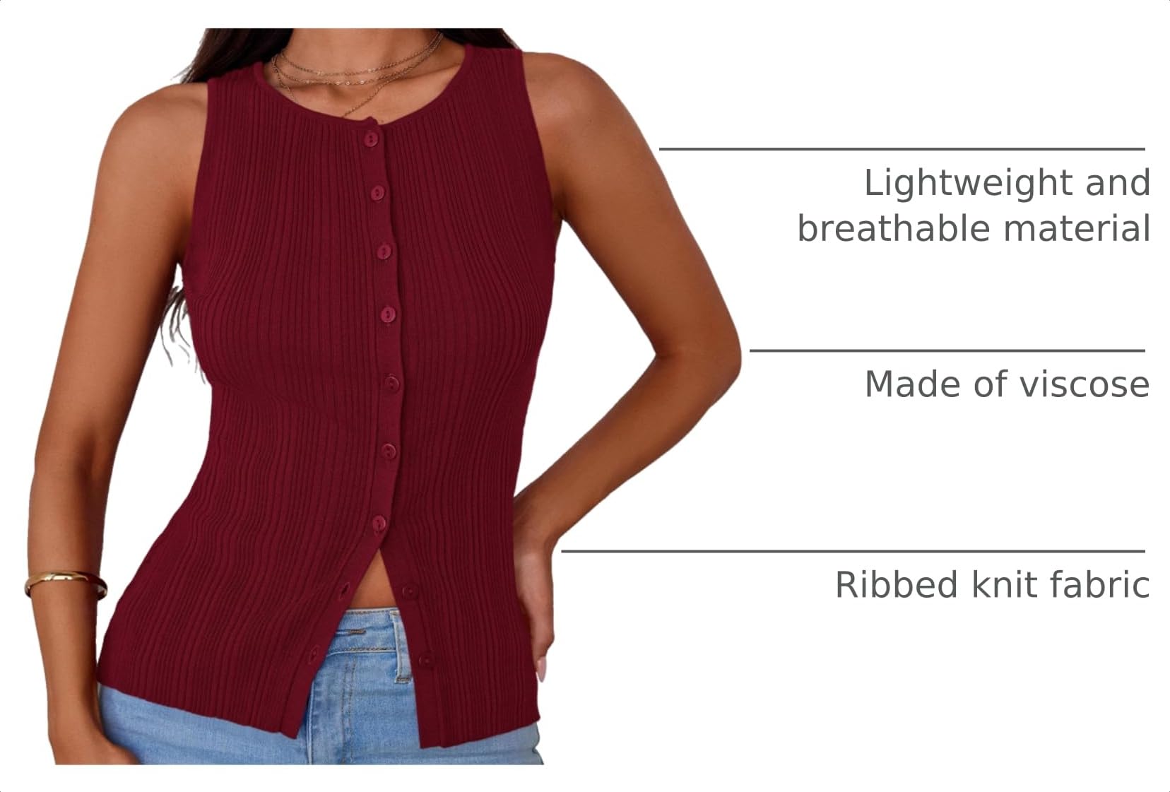 Sleeveless Button Down Shirts for Women Summer 2026 Going Out Ribbed Knit Tank Tops Y2K Clothes Trendy Vest Tops Wine Red