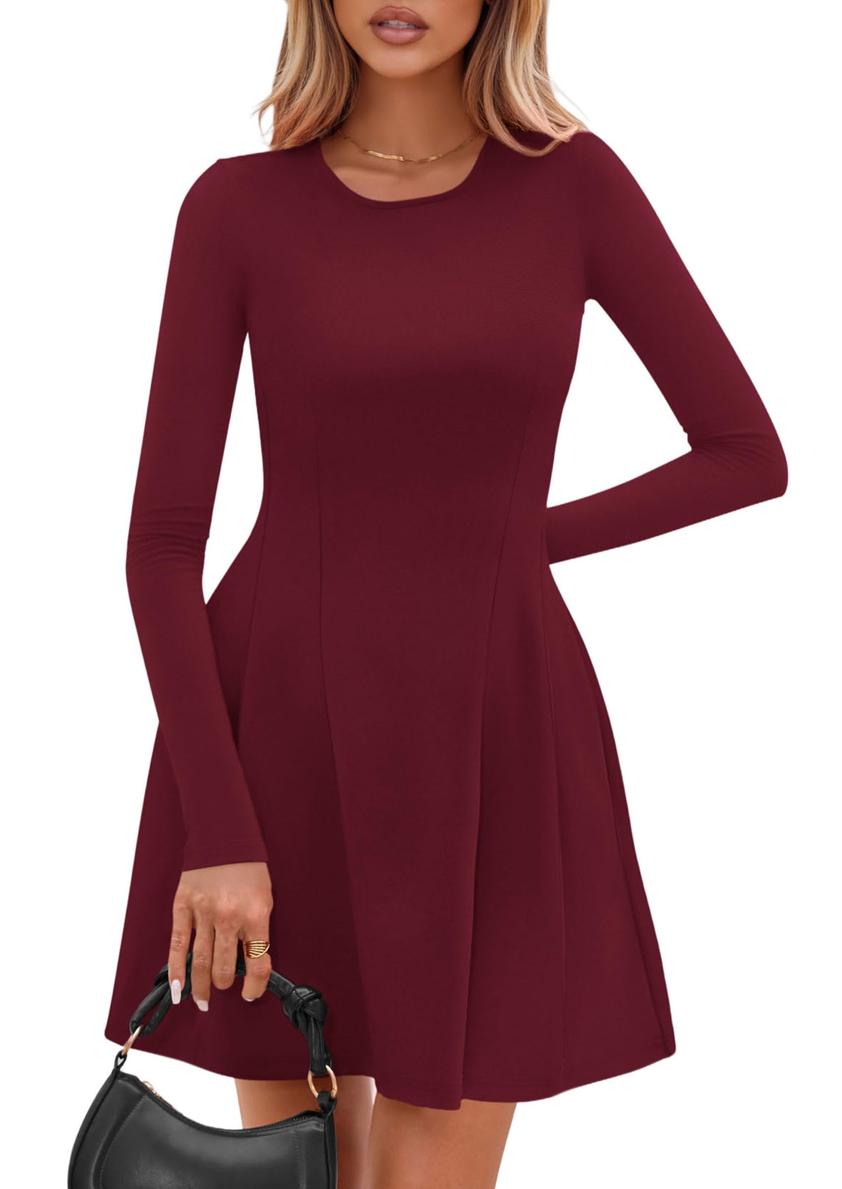 Womens Long Sleeve Pleated Mini Dress,Wine Red,XS
