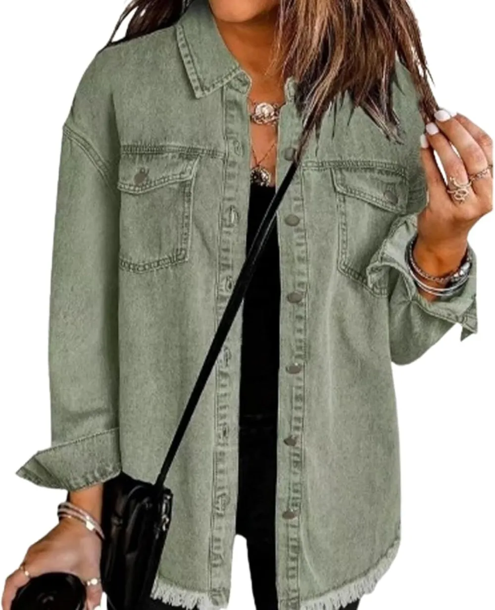 Women's Casual Denim Button Down Distressed Jacket