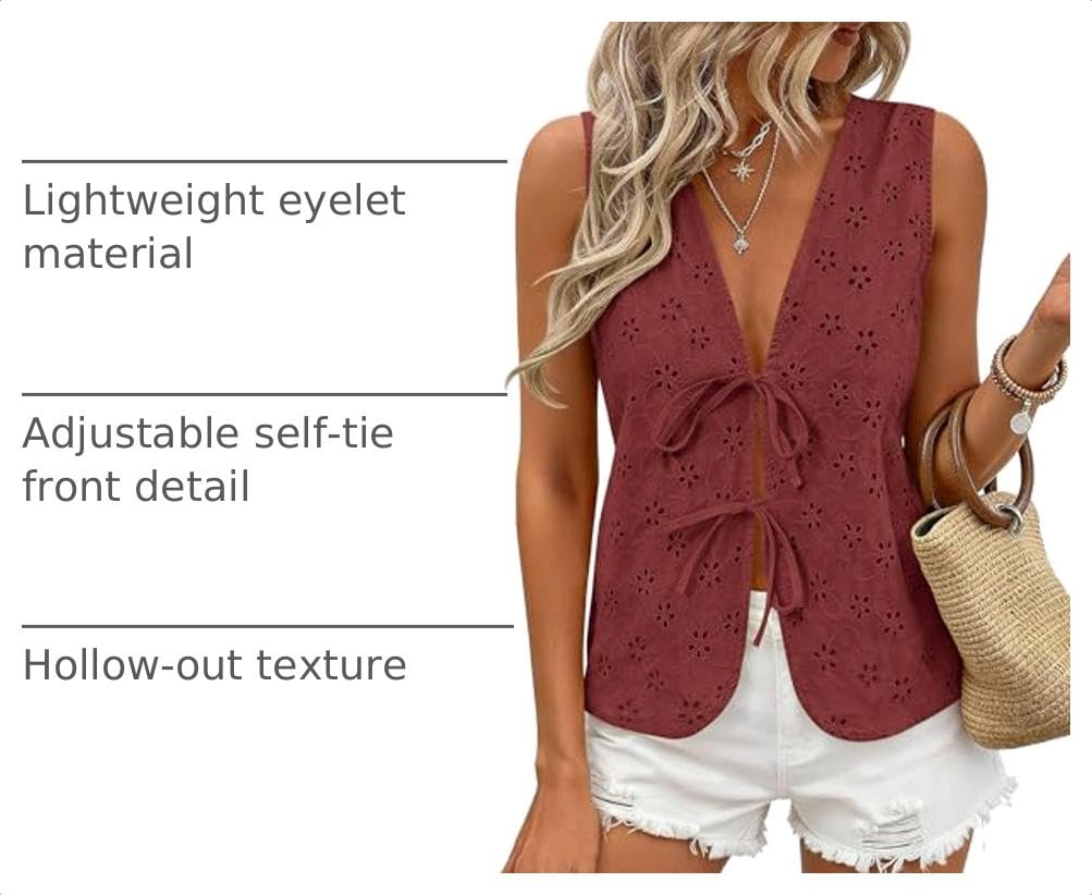 Women's Summer Eyelet Lace Tie Front Vest Tops (Brown Red,S)