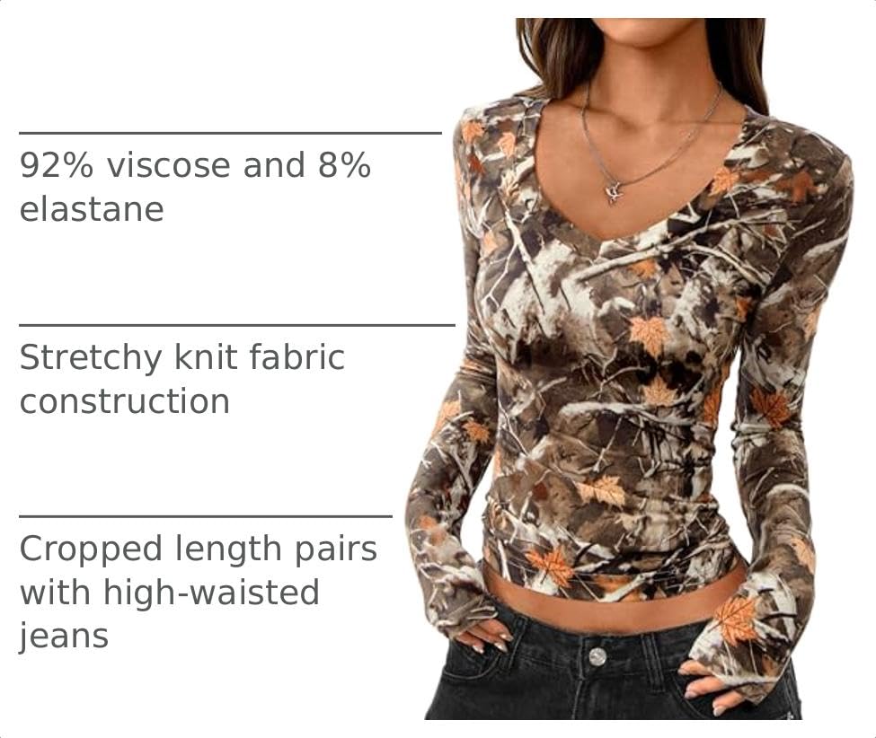 Womens Long Sleeve Slim Fit Crop Tops,Khaki Floral,XS