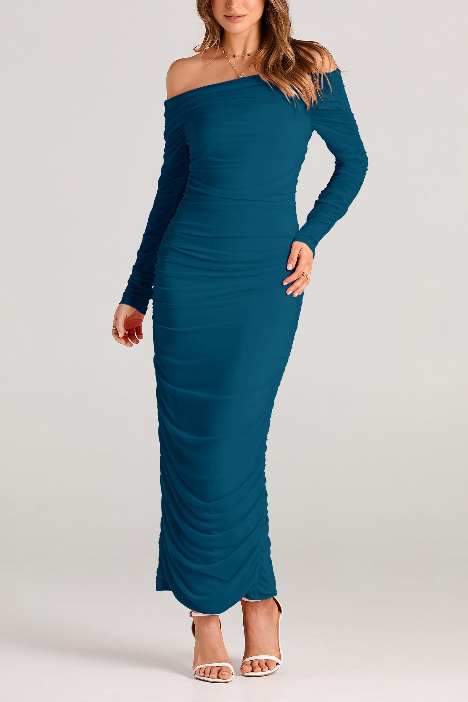 Women's Off the Shoulder Maxi Bodycon Dress, Lake Blue,S