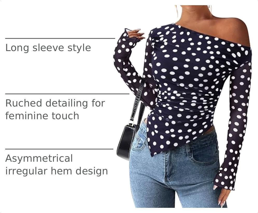 Womens Off Shoulder Mesh Y2k Tops,Dot Navy Blue White,XS