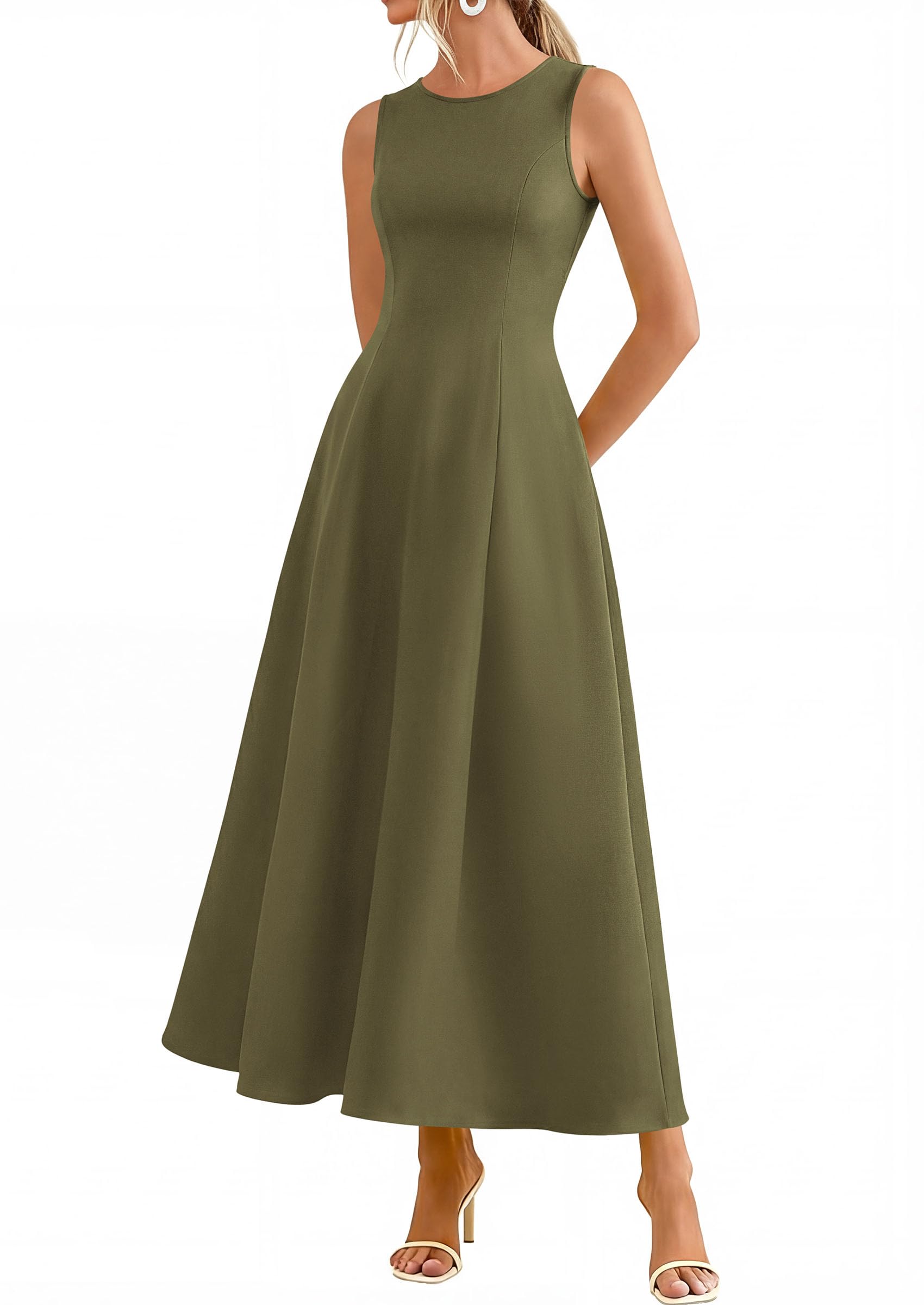 Women's Sleeveless Summer Elegant Maxi Dresses, Army Green,S