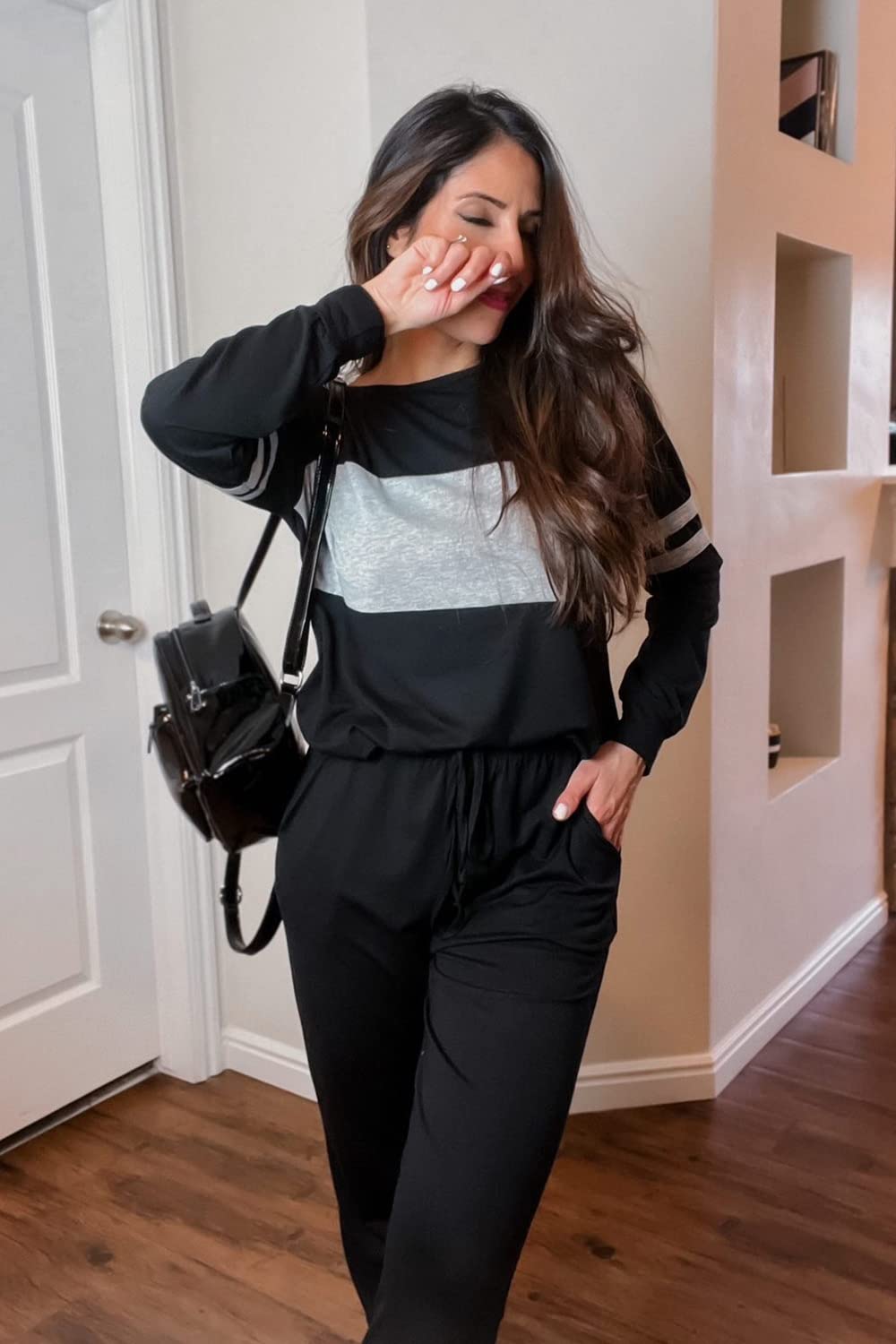 Women Color Block 2 Piece Sets Tracksuit,Black,S