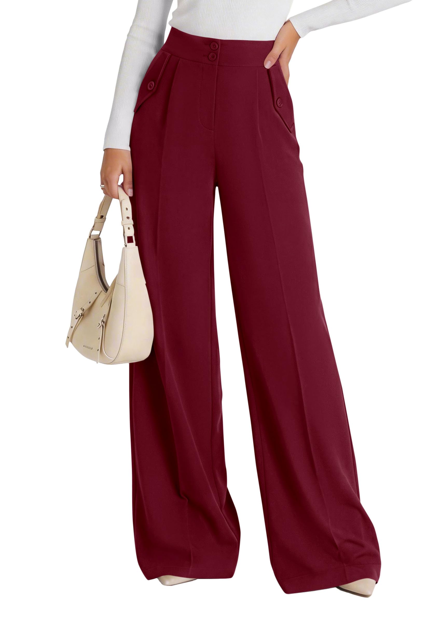 Women's Wide Leg Work Dress Pants Trousers (Burgundy,S)