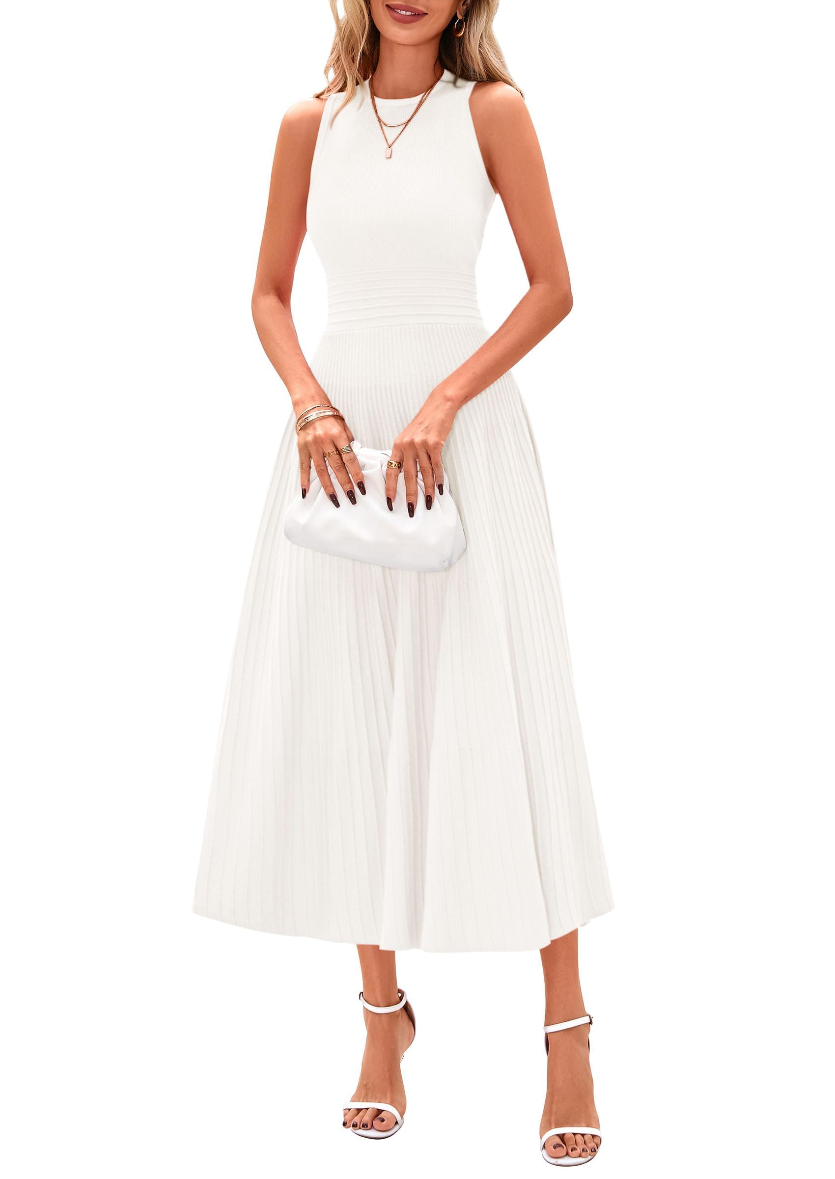 Women's Summer Pleated Midi Work Dress,White,S