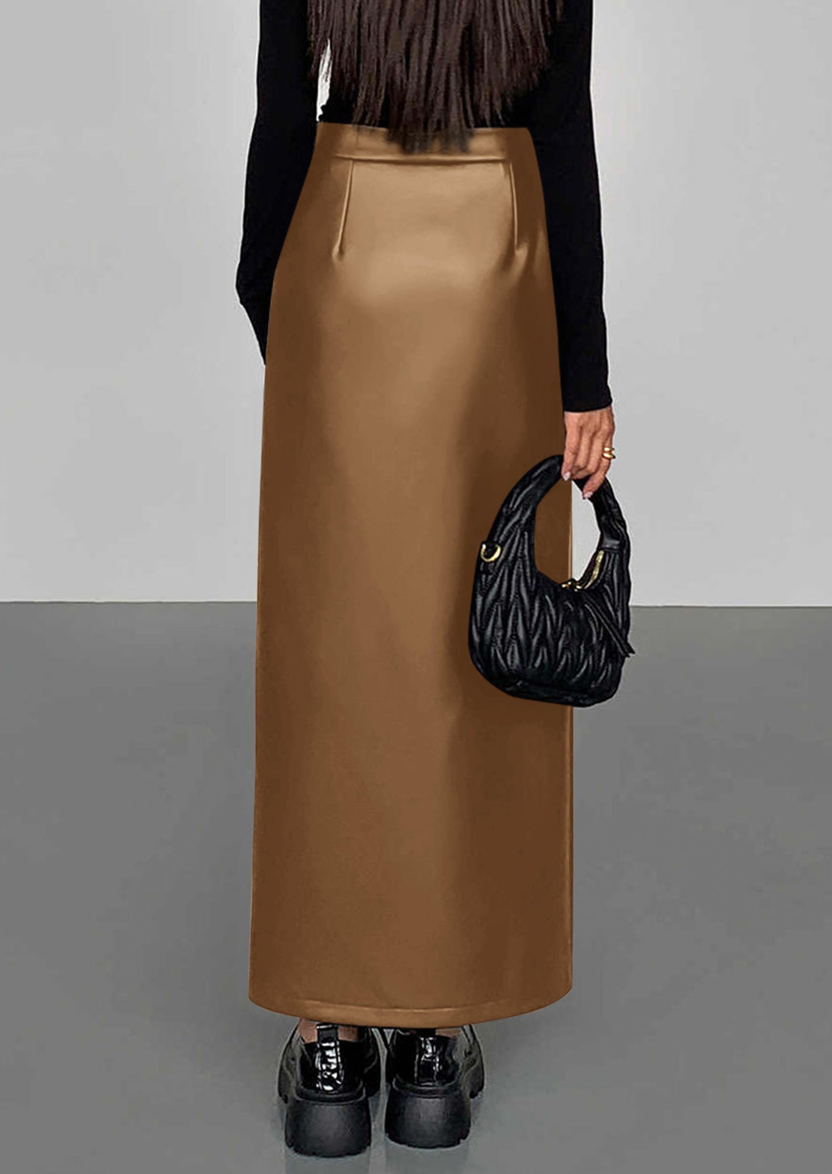 Women's Faux Leather Long Pencil Skirt,Camel,S