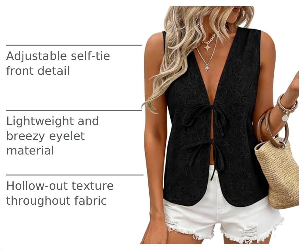 Women's Summer Eyelet Lace Tie Front Vest Tops (Black,S)