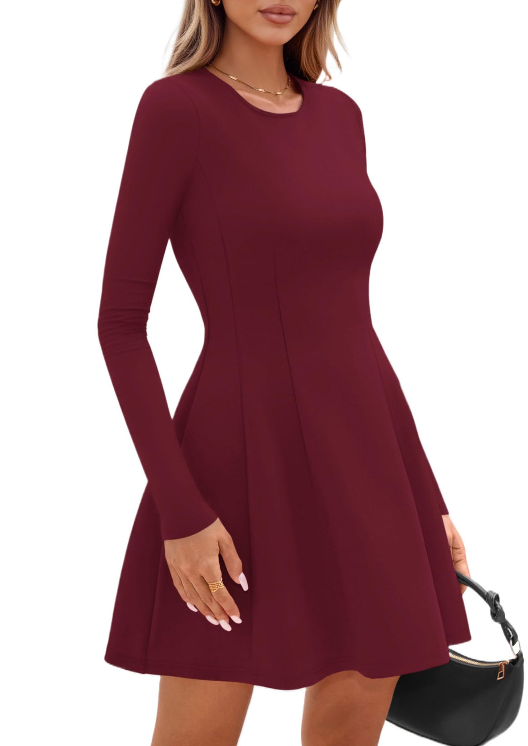 Womens Long Sleeve Pleated Mini Dress,Wine Red,XS