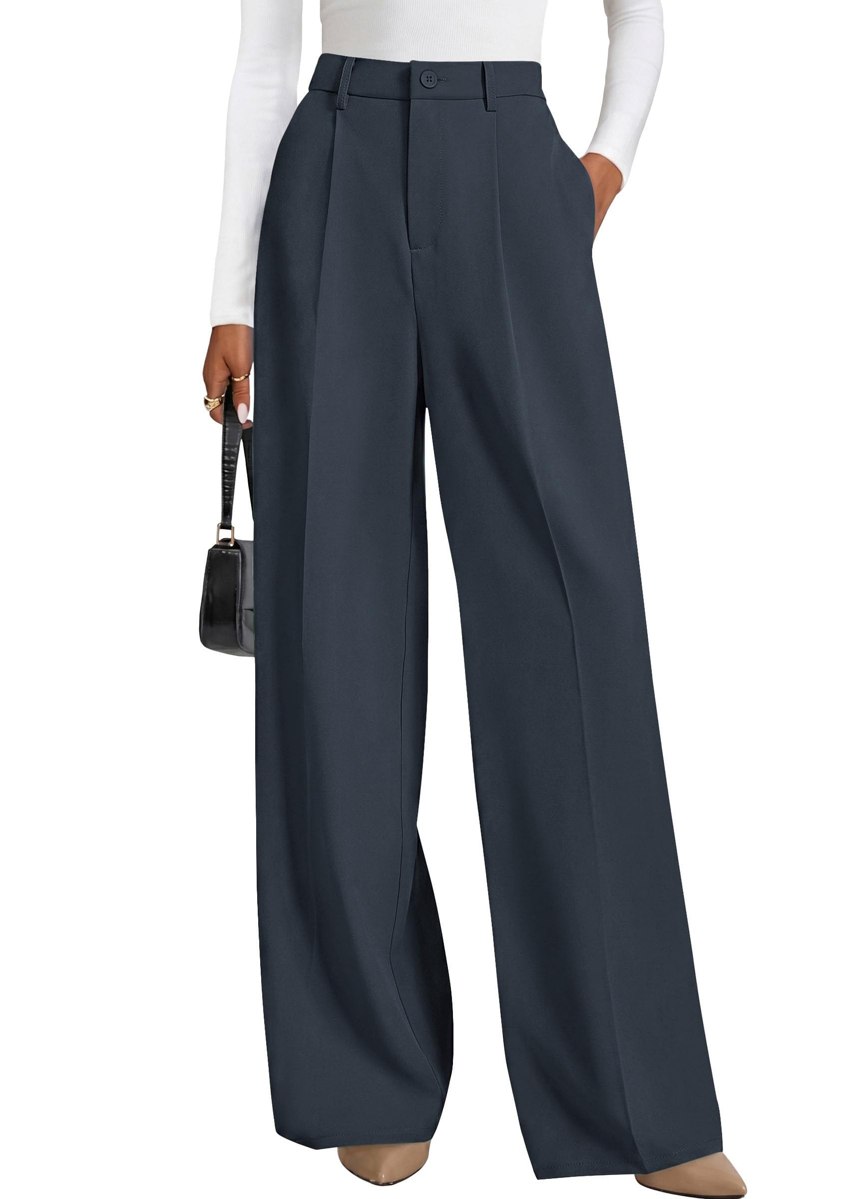 Women's Flowy Wide Leg Dress Pants,Dark Grey,S