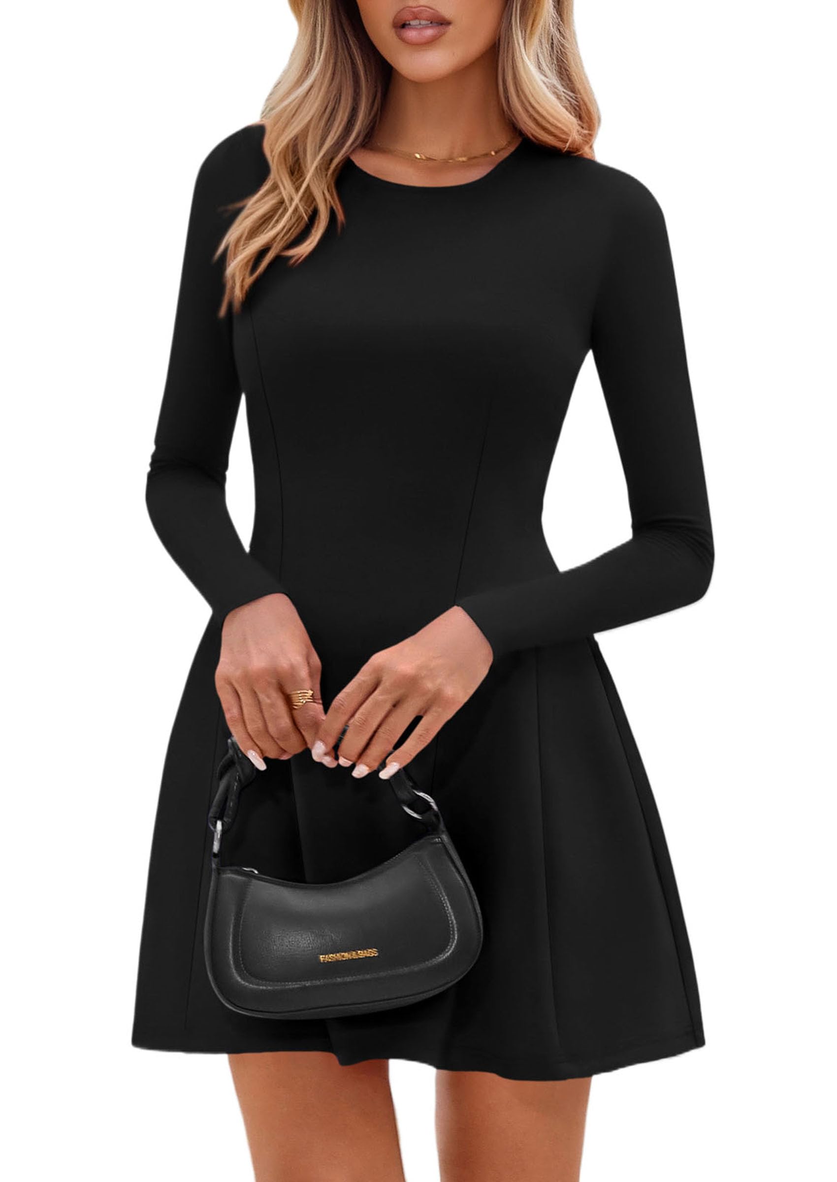 Womens Long Sleeve Pleated Mini Dress,Black,XS