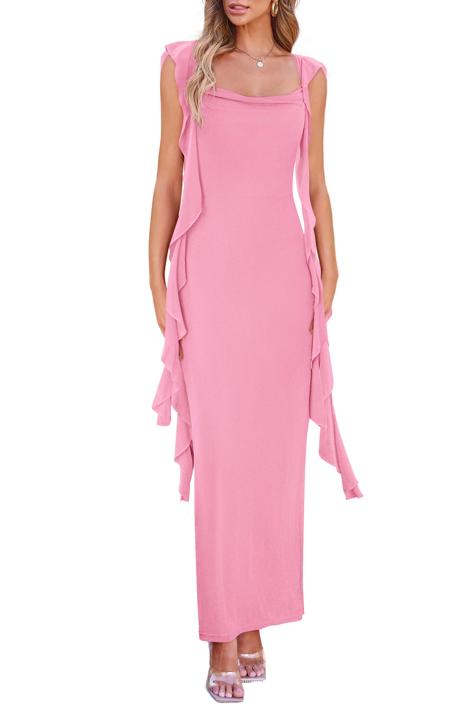 Summer Dresses for Women Ruffle Bodycon Maxi Dress,Pink,S
