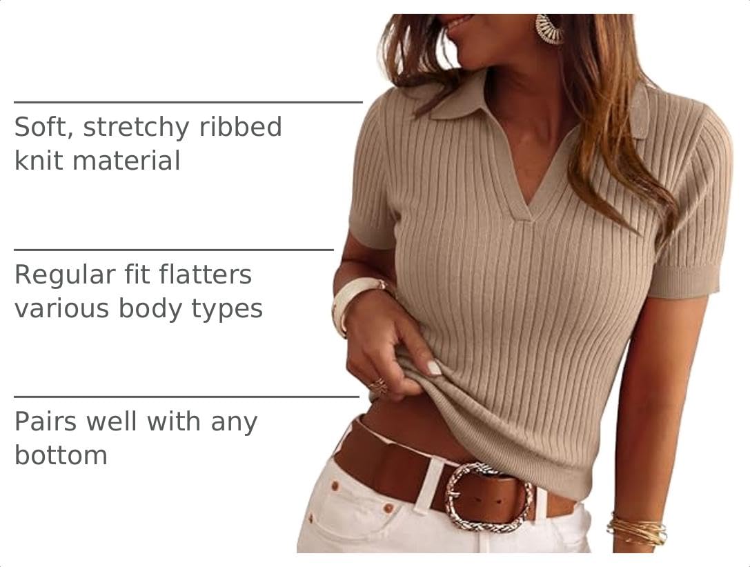Women's Short Sleeve Sweater Polo Shirts,Khaki,L