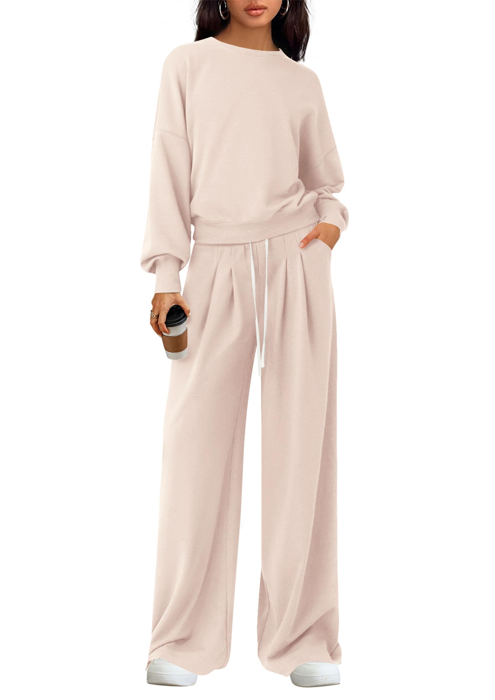 Womens Loose Fit Casual 2 Piece Lounge Set,Beige,S