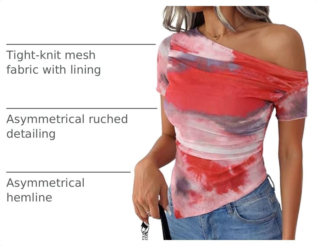 Mesh Off The Shoulder Tops for Women,Watercolor Pink,XS