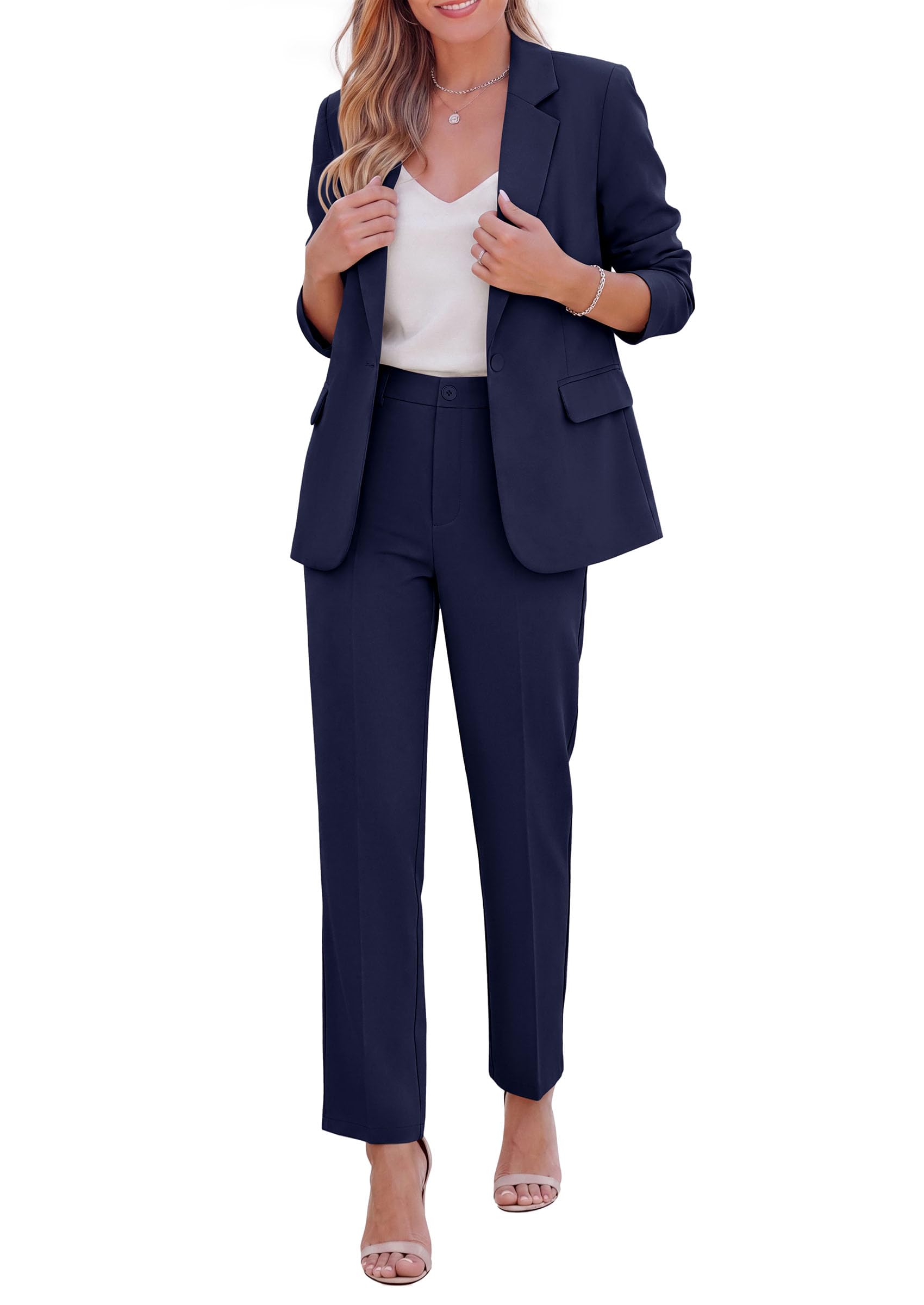 Two Piece Sets for Women Dressy Pant Suits,Navy Blue,M