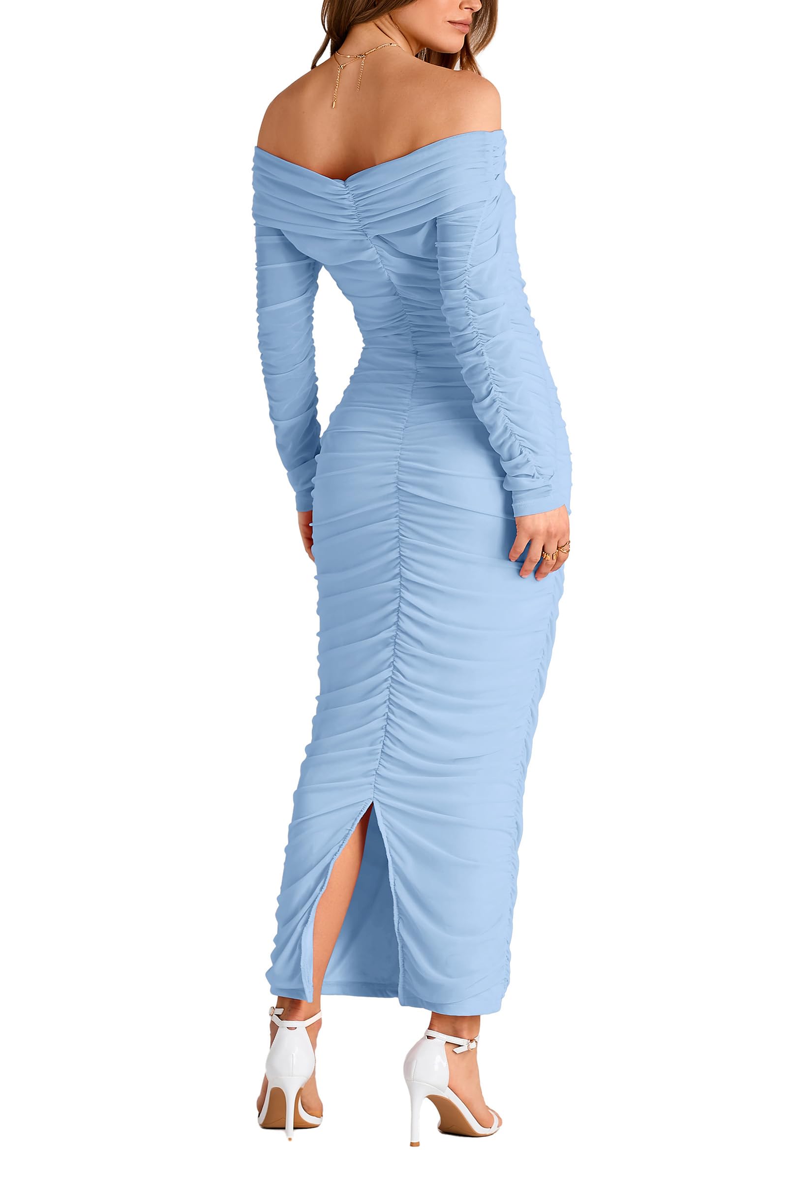 Women's Off the Shoulder Maxi Bodycon Dress, Light Blue,M