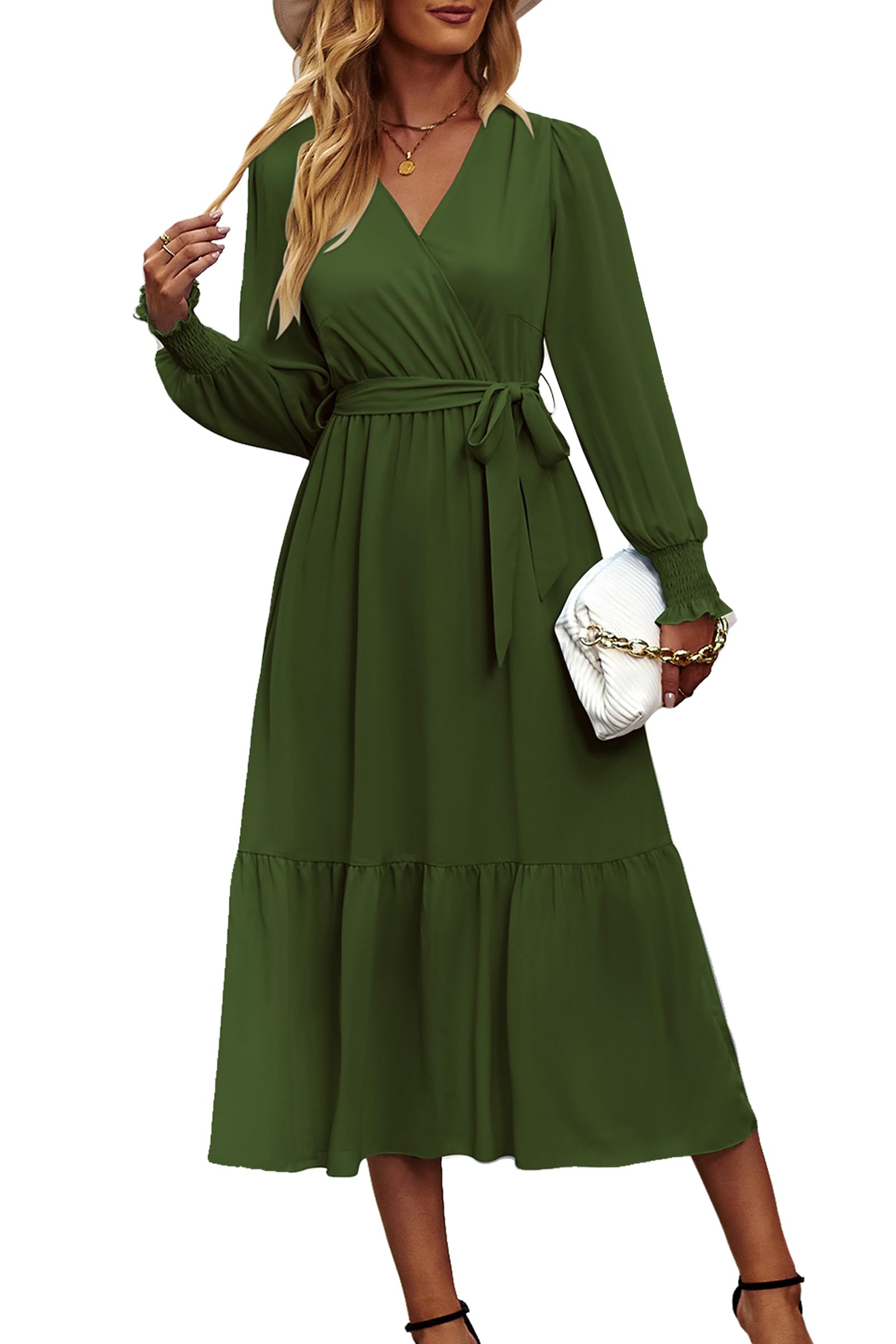 Women's Boho Long Sleeve Maxi Dress, Solid Army Green,S