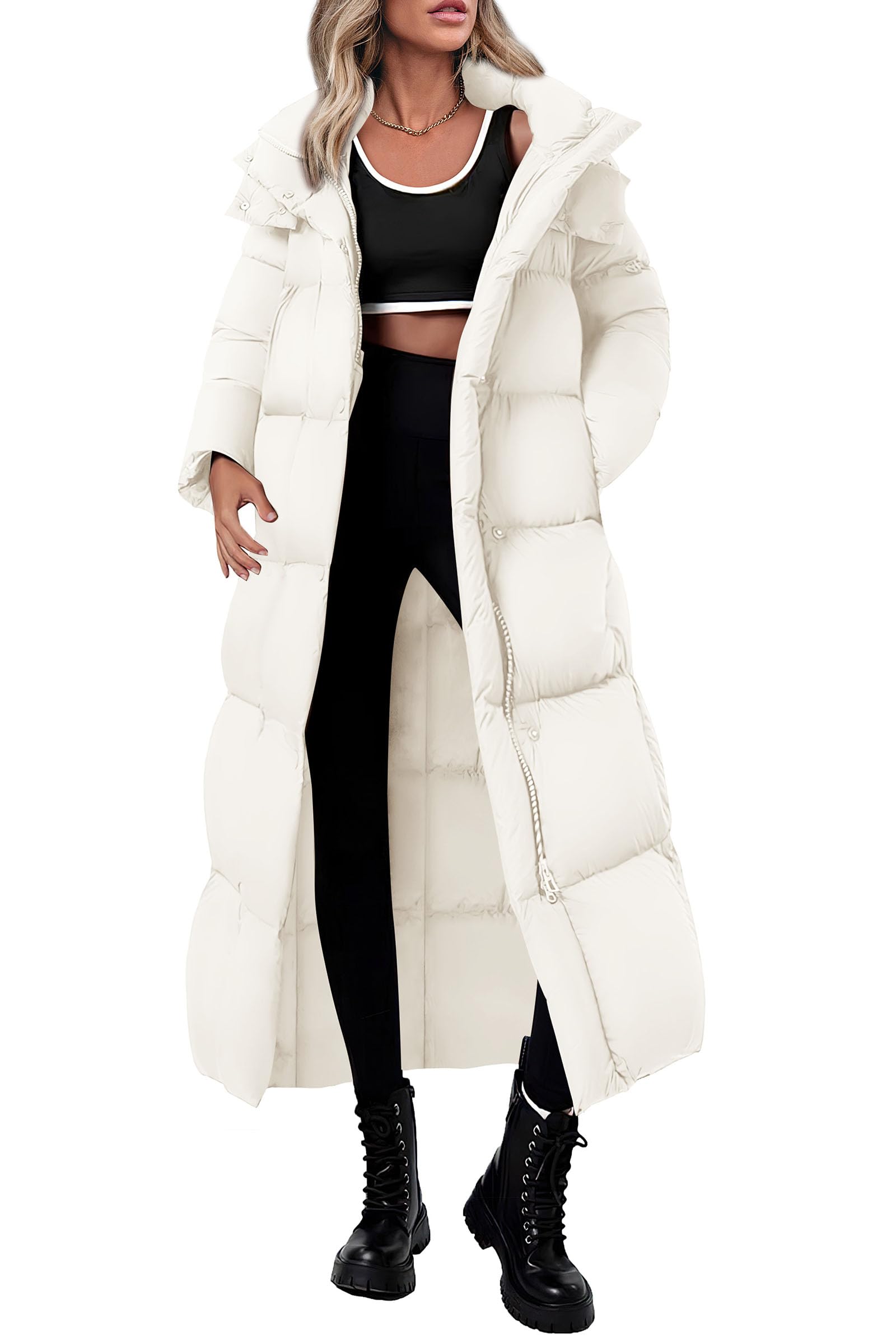 Women's Winter Long Puffer Coats Hooded Zip Up Casual Thickened Down Jackets Trendy Warm Clothes Outerwear (Beige,Medium)
