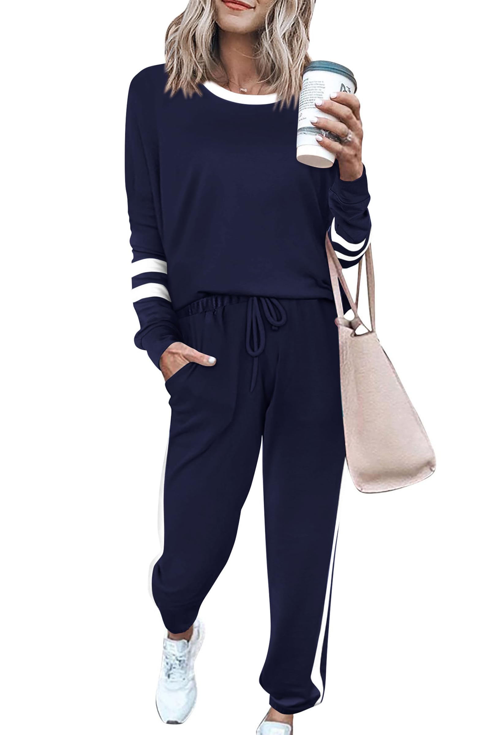 Travel Outfit Women 2 Piece Lounge Sets, Striped Navy,S