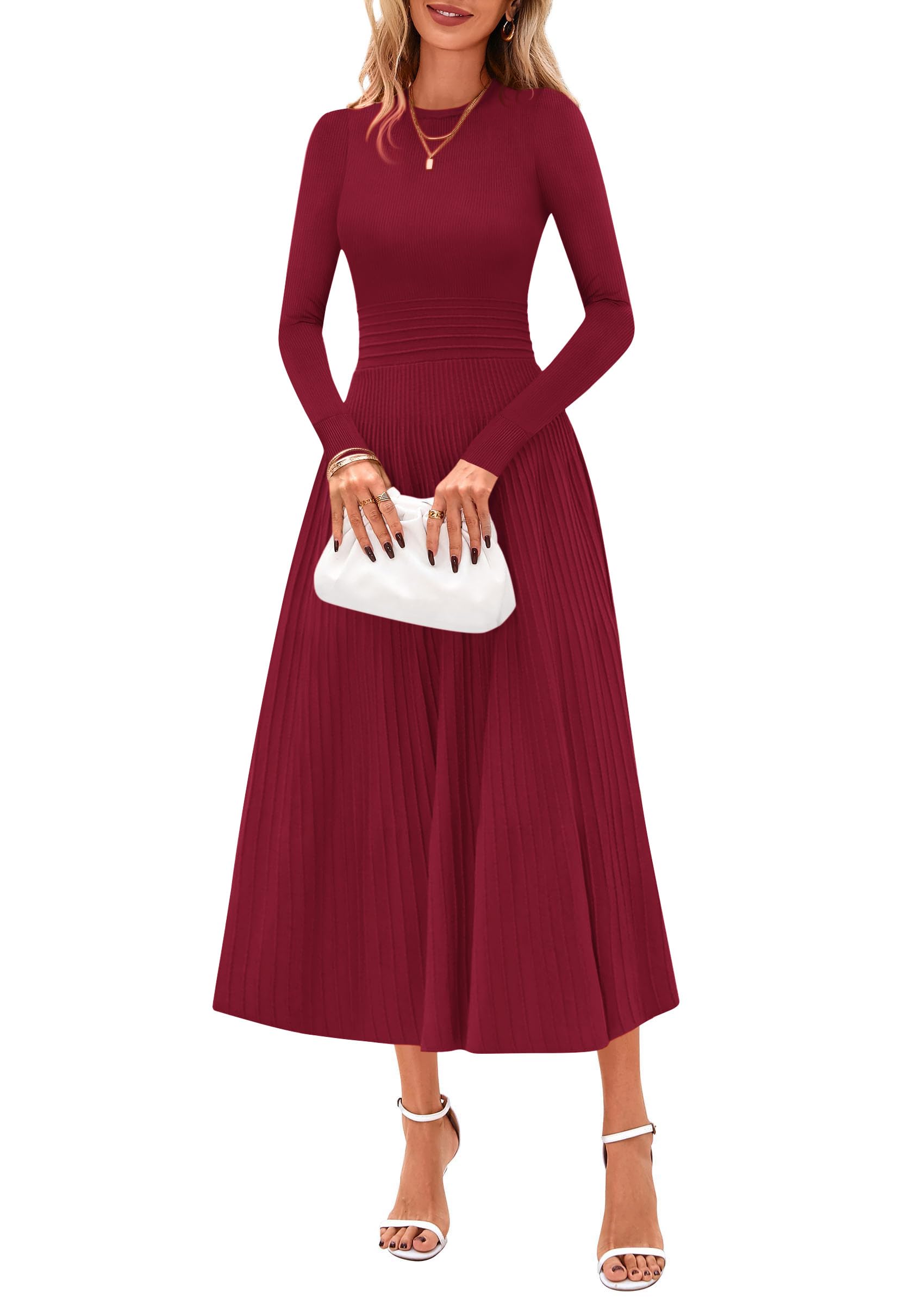 Women's Long Sleeve Knit Maxi Sweater Dress,Burgundy,S