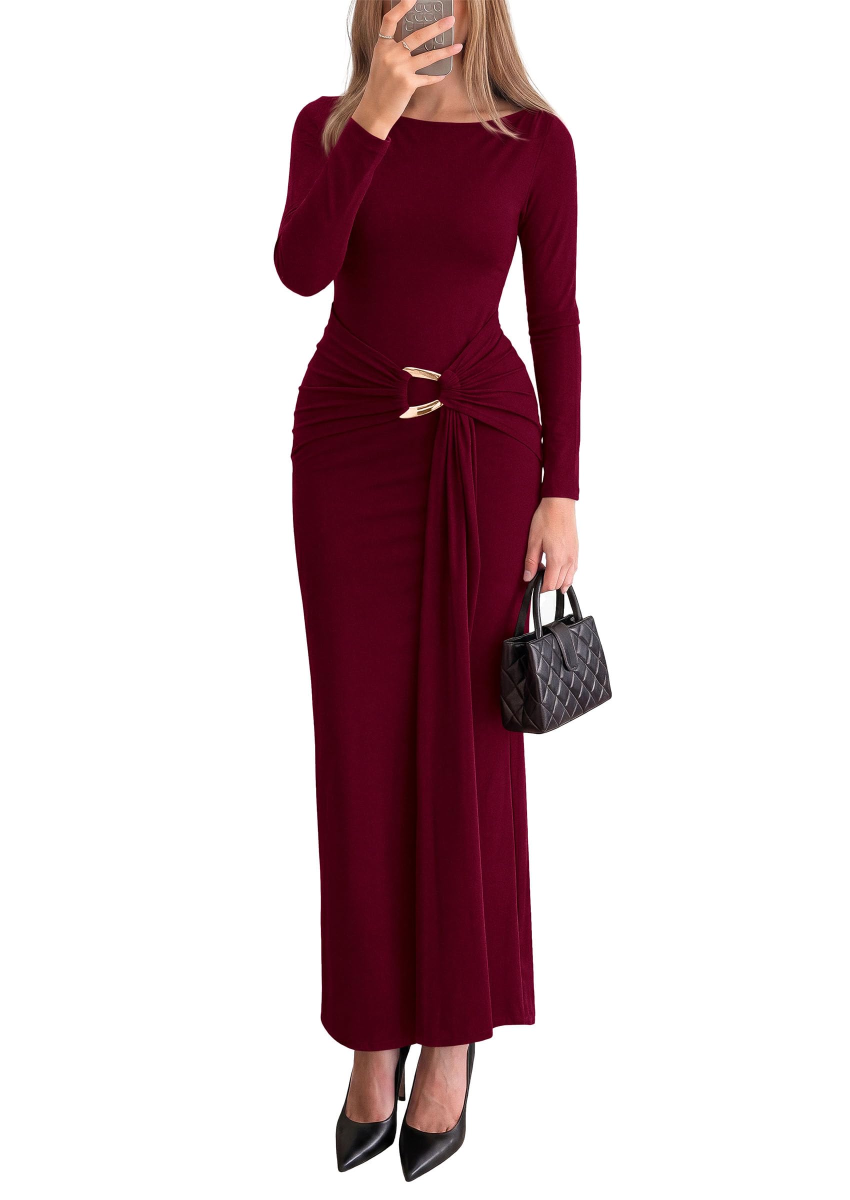 Women Fall Wedding Guest Dresses Formal Long Sleeve Maxi Dress
