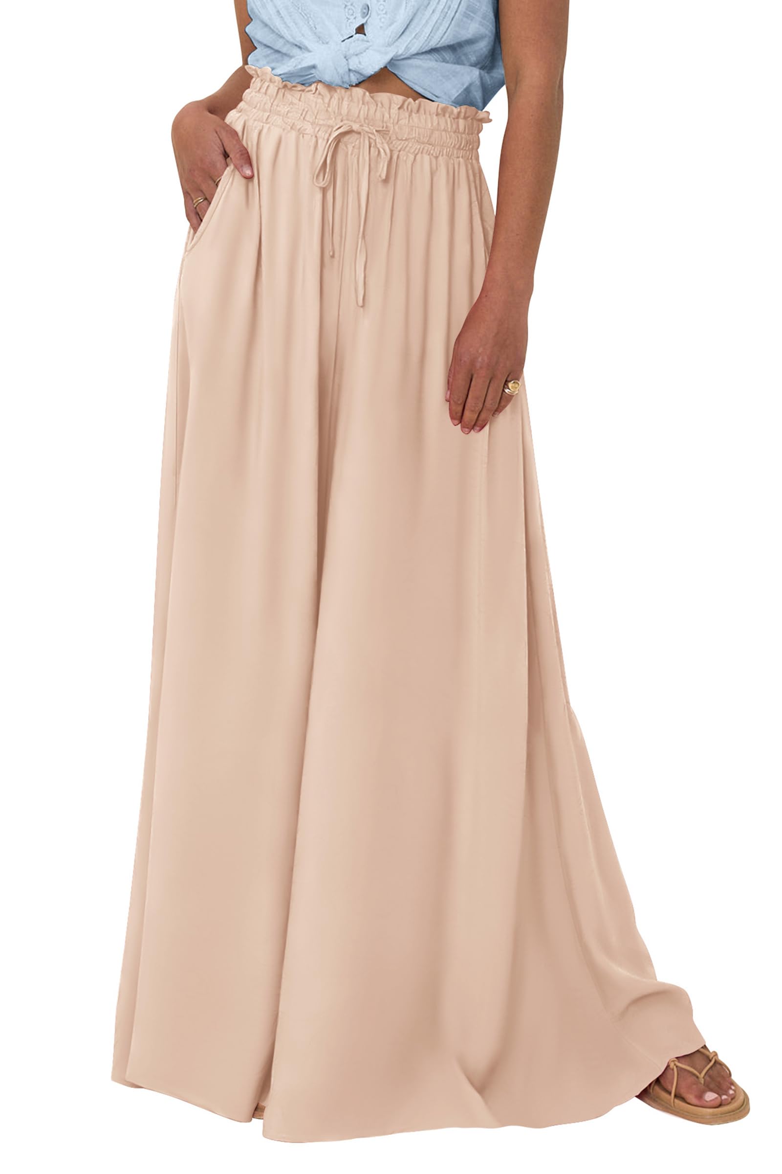 Summer Wide Leg Palazzo Pants for Women Casual,Beige,S