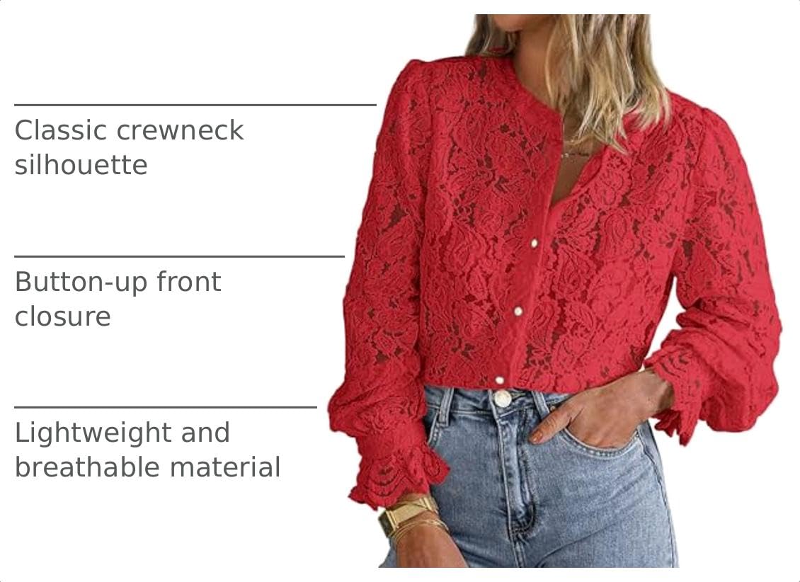 Women's Fall Trendy Long Sleeve Lace Tops(Red,Small)