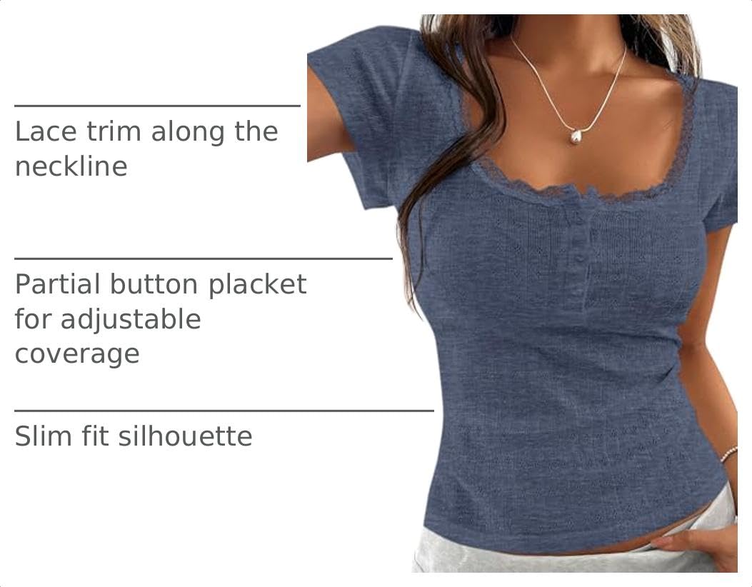 Womens Summer Lace Trim Short Sleeve Henley Top,Dusty Blue,S
