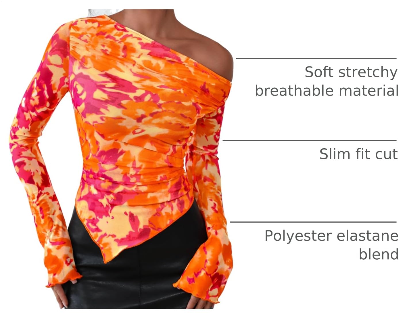 Womens Off Shoulder Mesh Y2k Tops,Floral Orange,XS