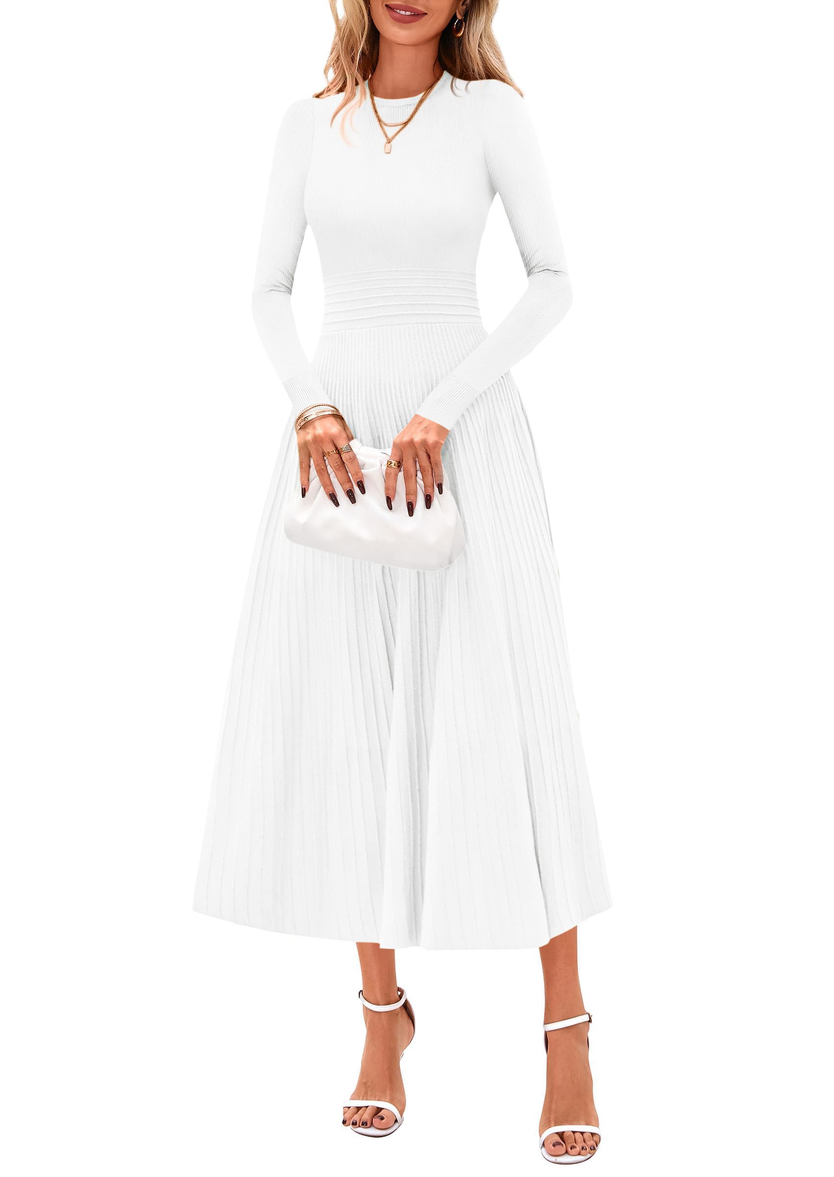 Women's Long Sleeve Knit Maxi Sweater Dress,White,S