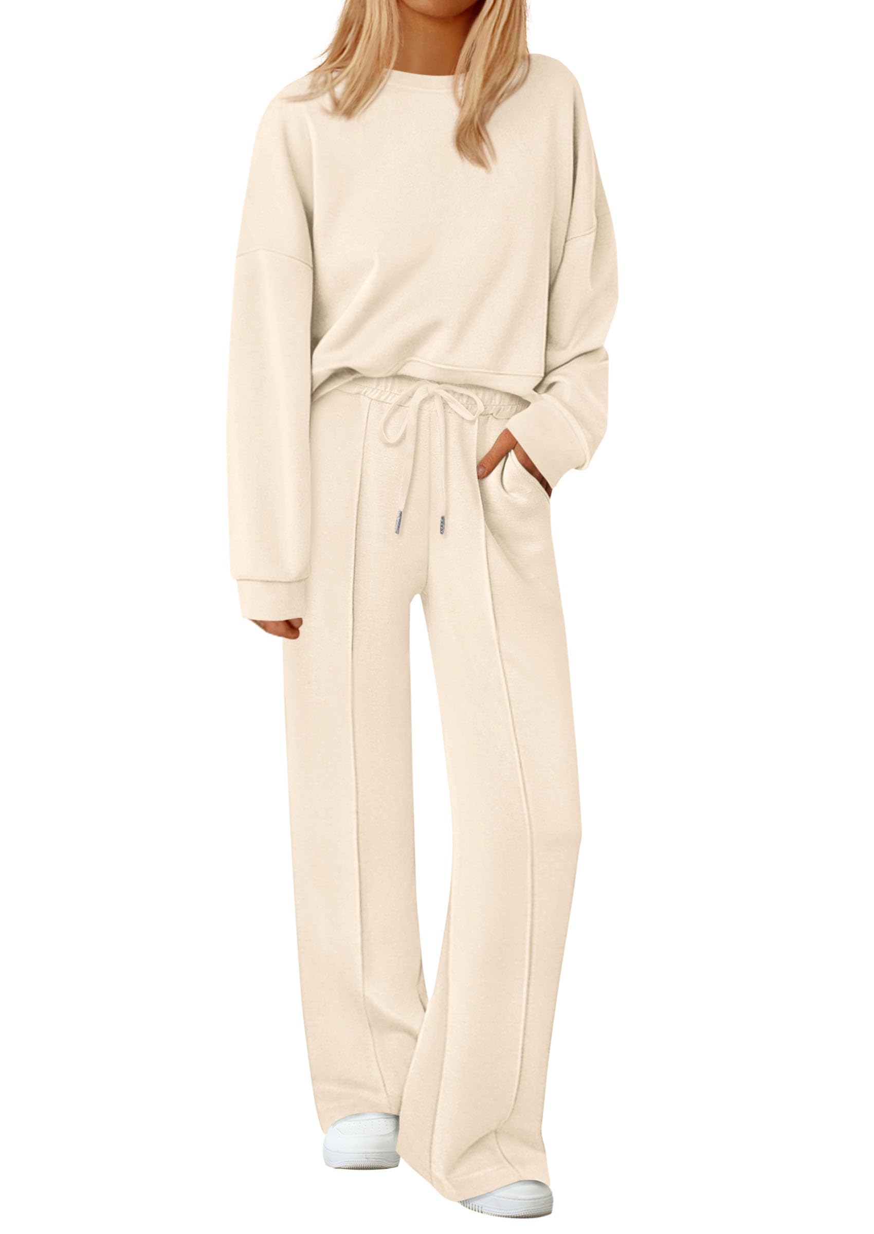 Womens Long Sleeve Sweatshirt 2 Piece Sets,Beige,S