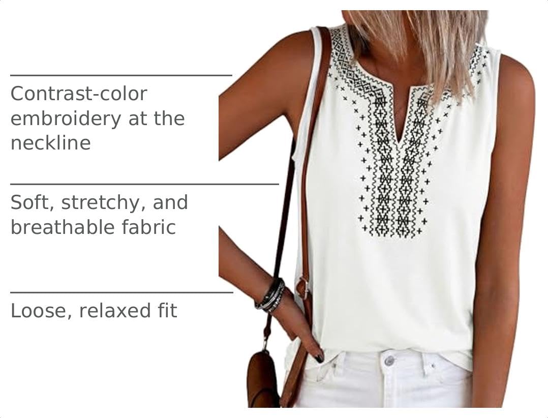Womens Embroidered Sleeveless Tank Tops White,S
