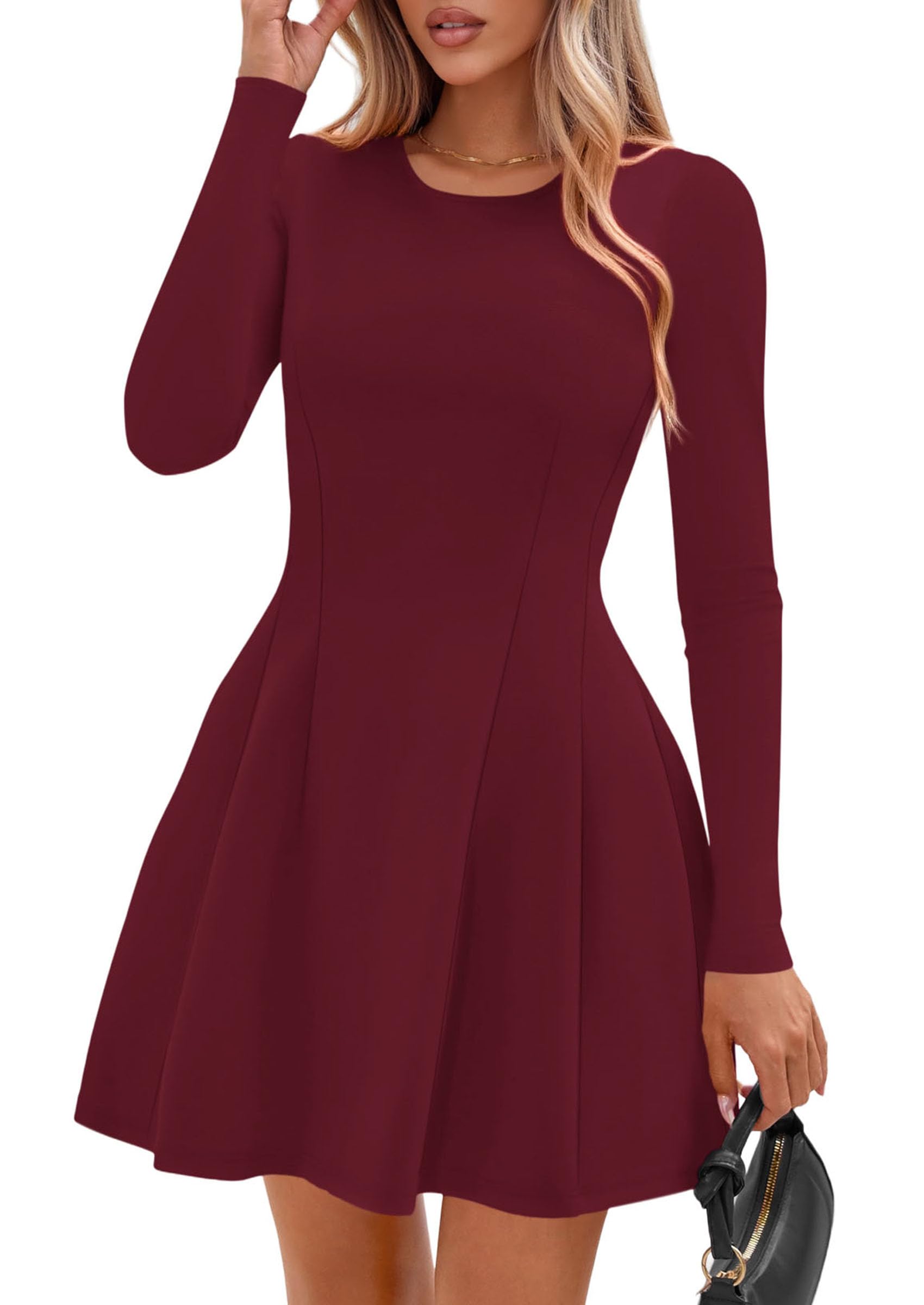 Womens Long Sleeve Pleated Mini Dress,Wine Red,XS