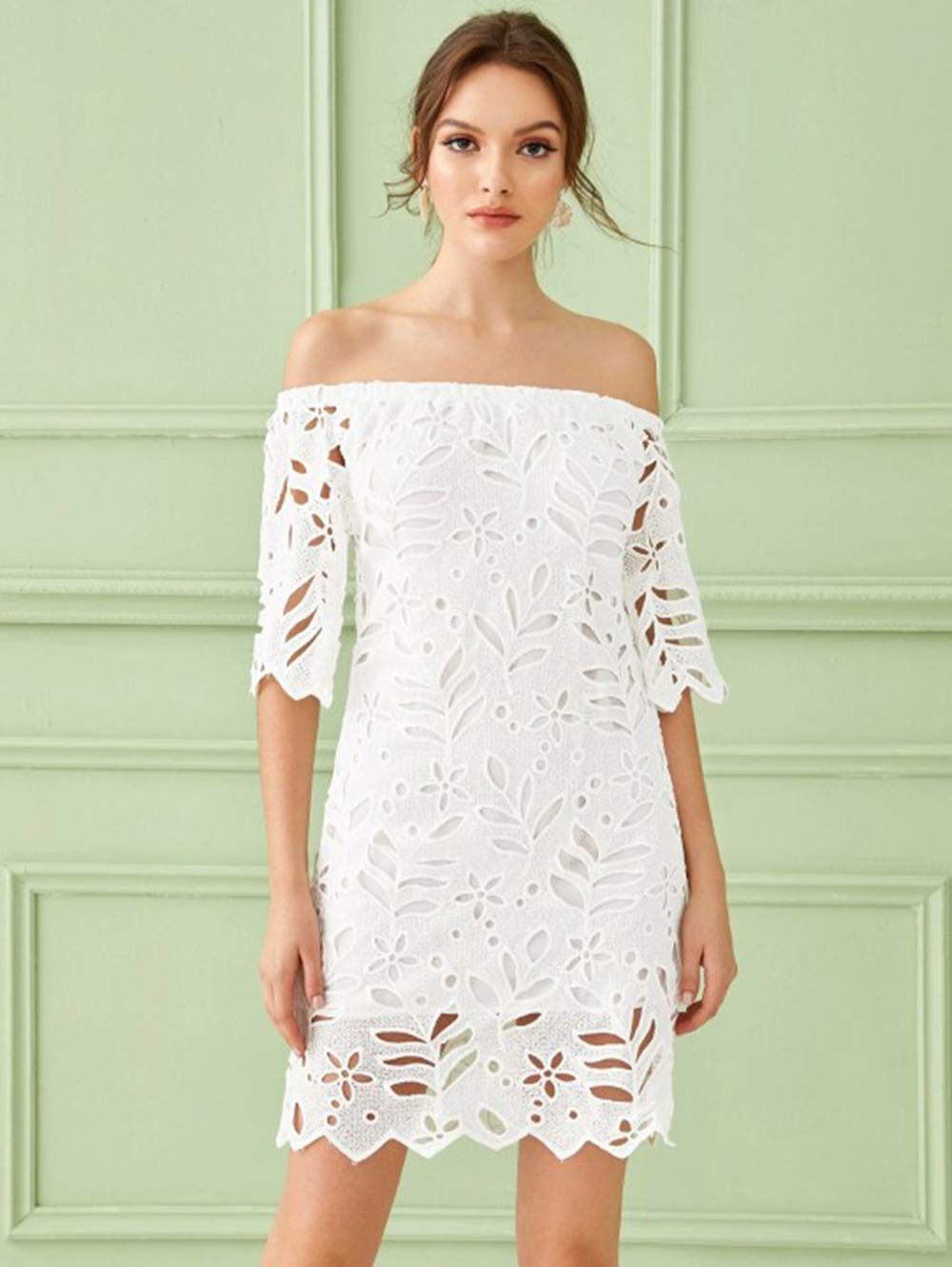 Women's Boho Off the Shoulder Lace Mini Dress, White,L