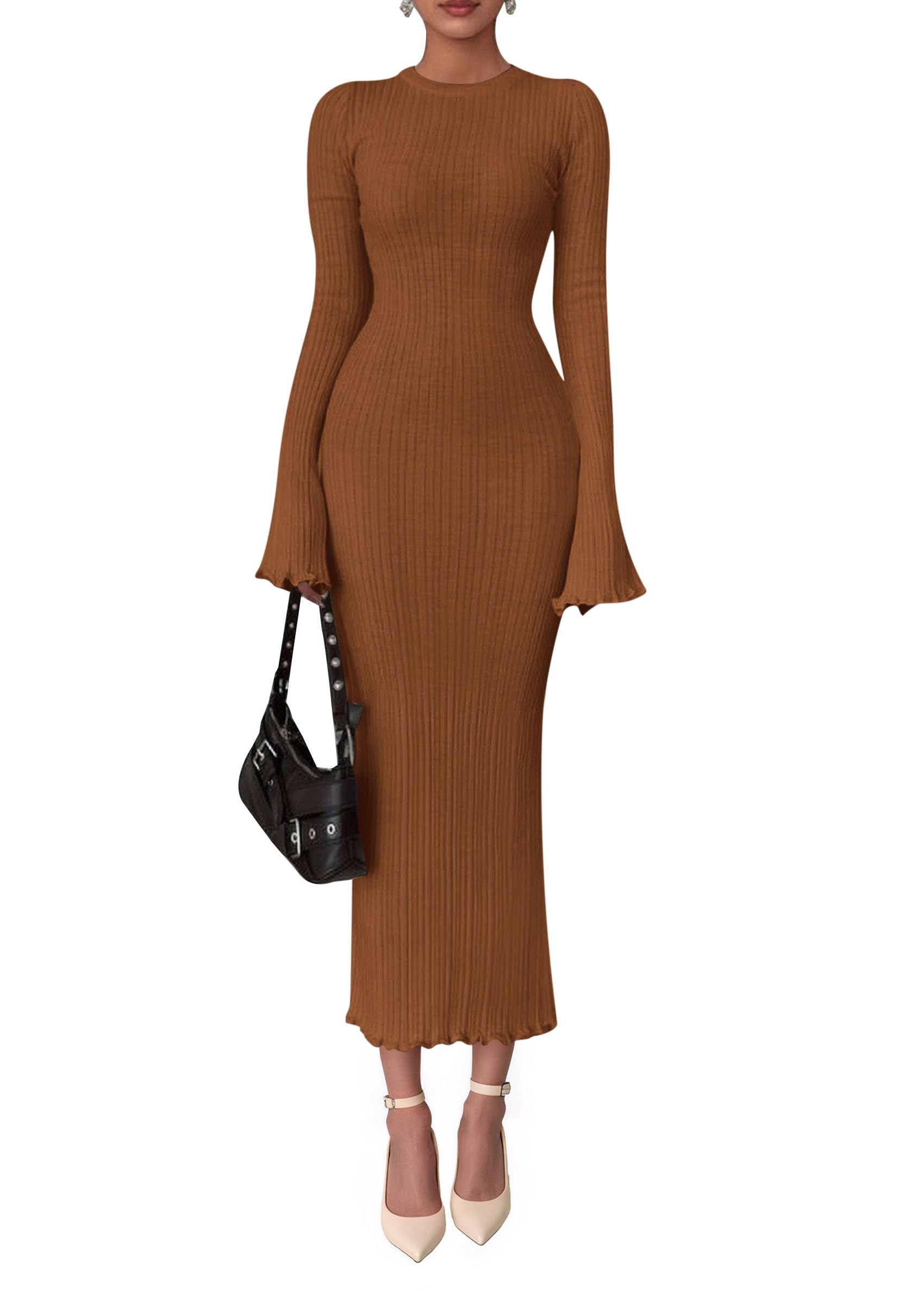 Women's Sweater Dress Long Sleeve Maxi Dresses,Caramel,S
