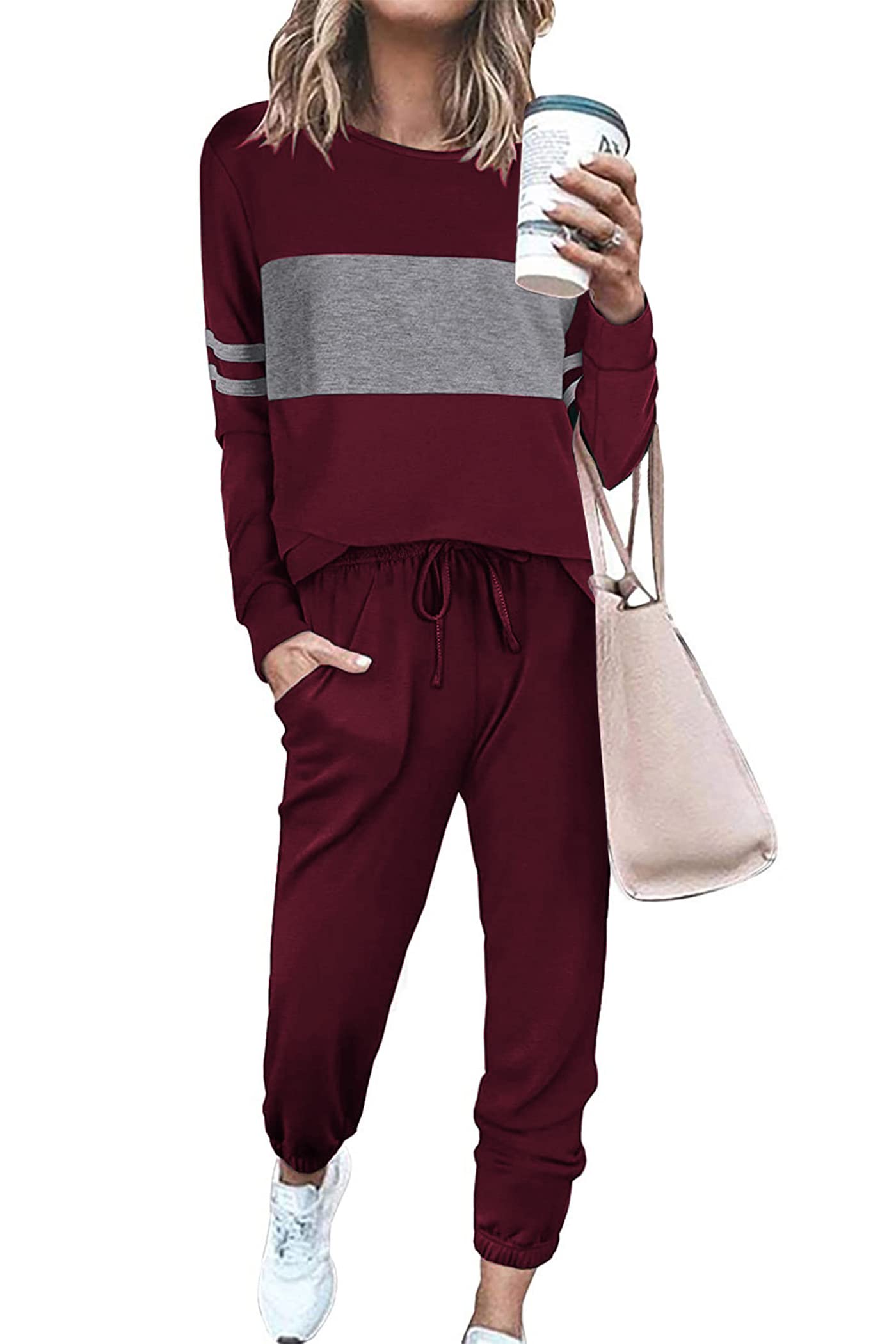 Women Color Block 2 Piece Sets Tracksuit,Wine Red,S