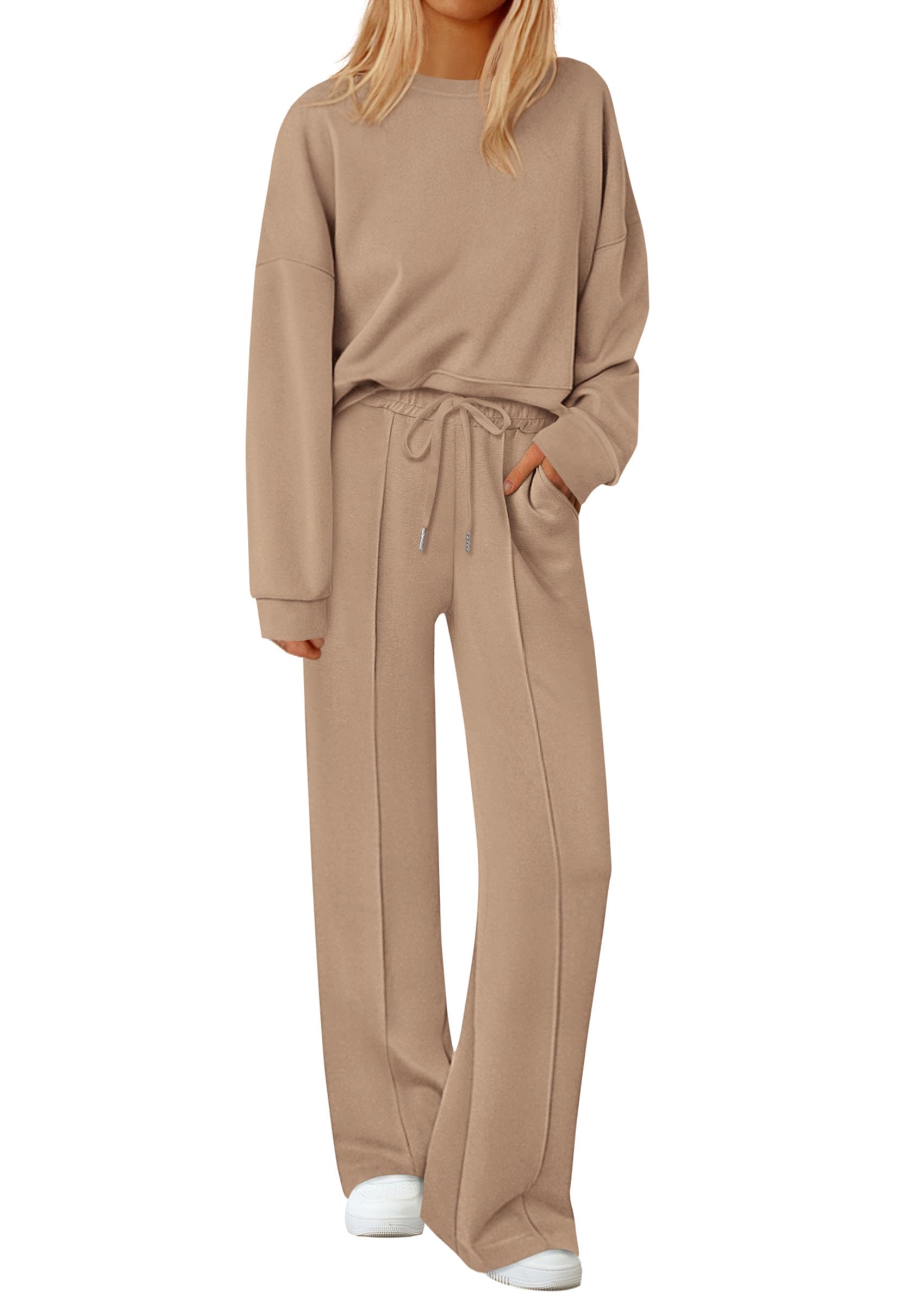 Womens Long Sleeve Sweatshirt 2 Piece Sets,Khaki,S