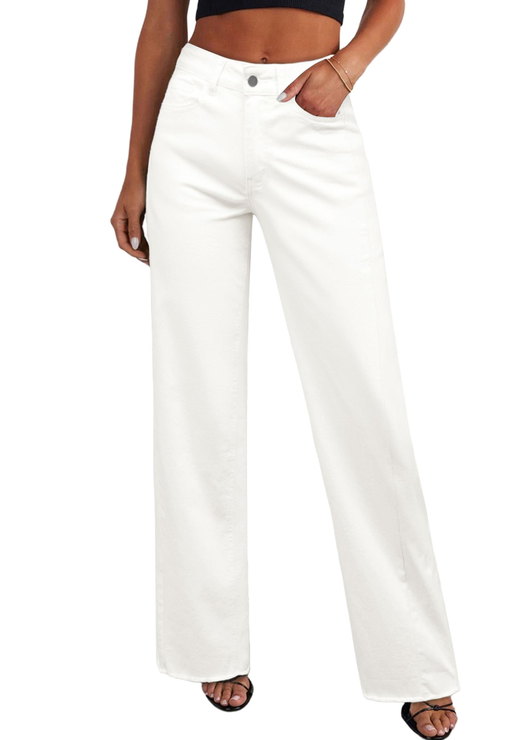 Women's Wide Leg Jeans Raw Hem Denim Pants,White,4