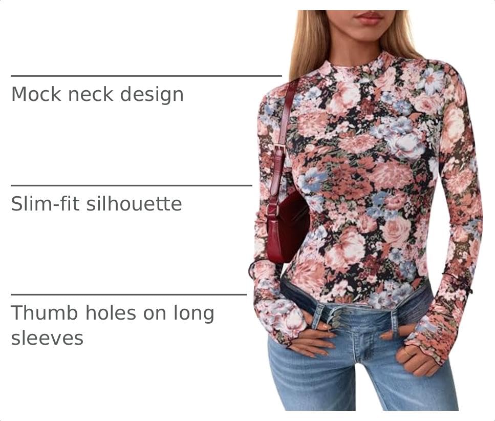Womens Floral Mesh Long Sleeve Tops Fall Slim Fitted Shirts