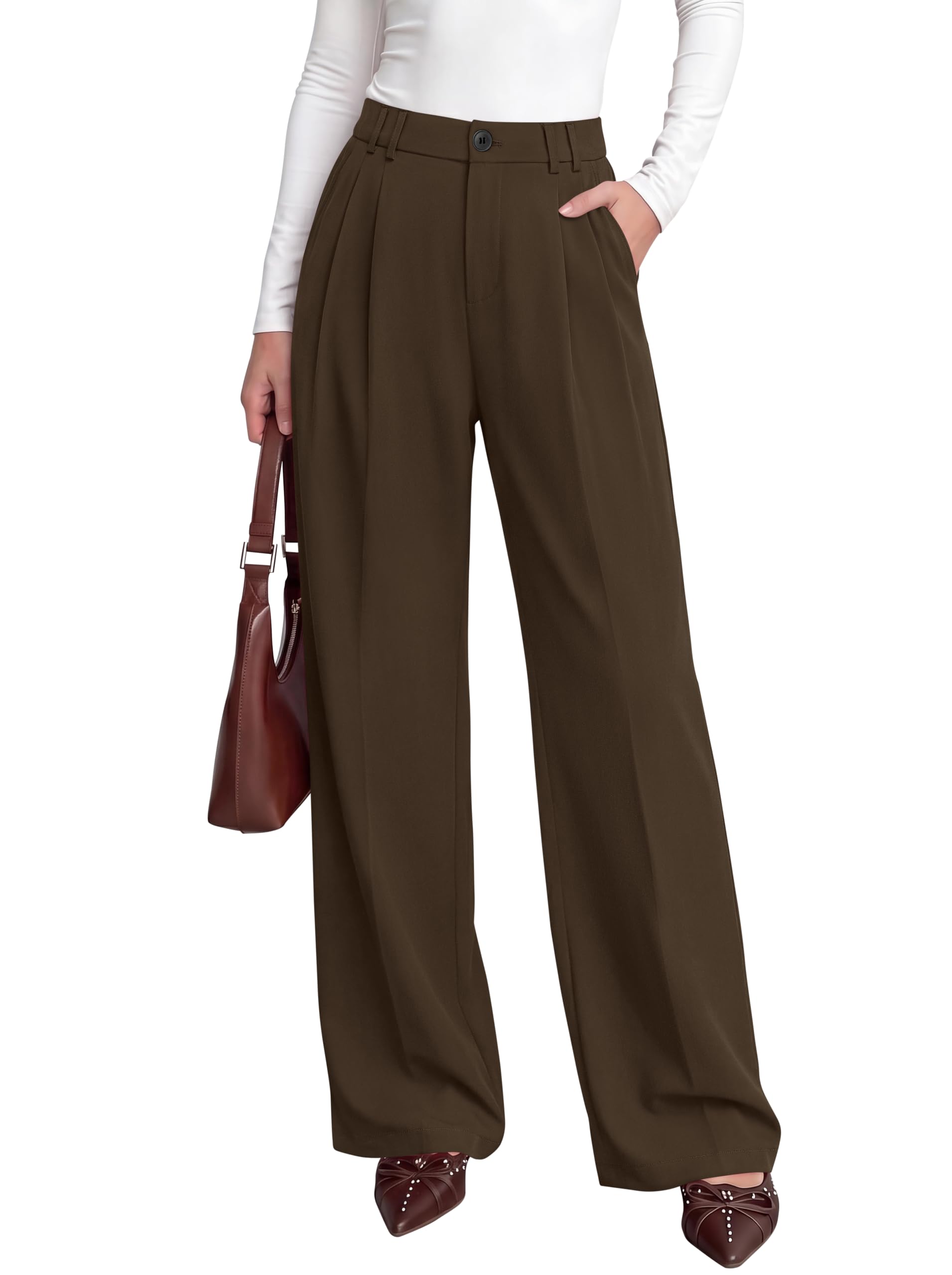 Women's Dress Pants Wide Leg Flowy Trousers,Coffee,L