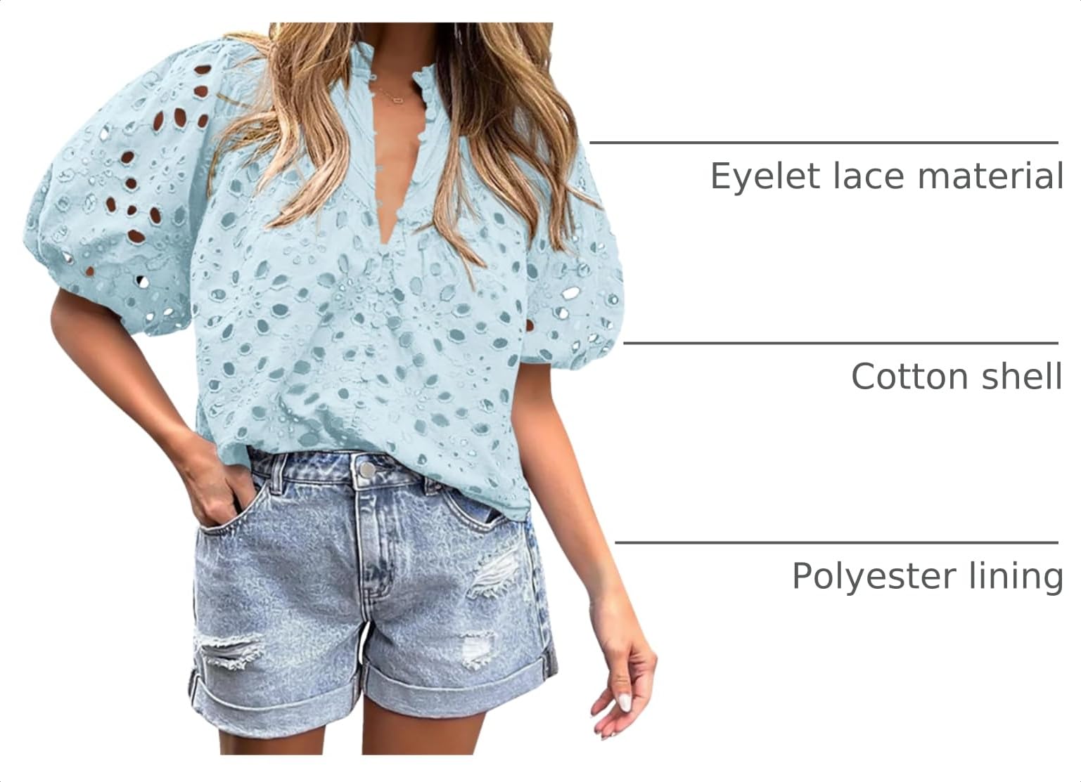 Womens Tops Boho Eyelet Puff Sleeve Blouse, Light Blue,S