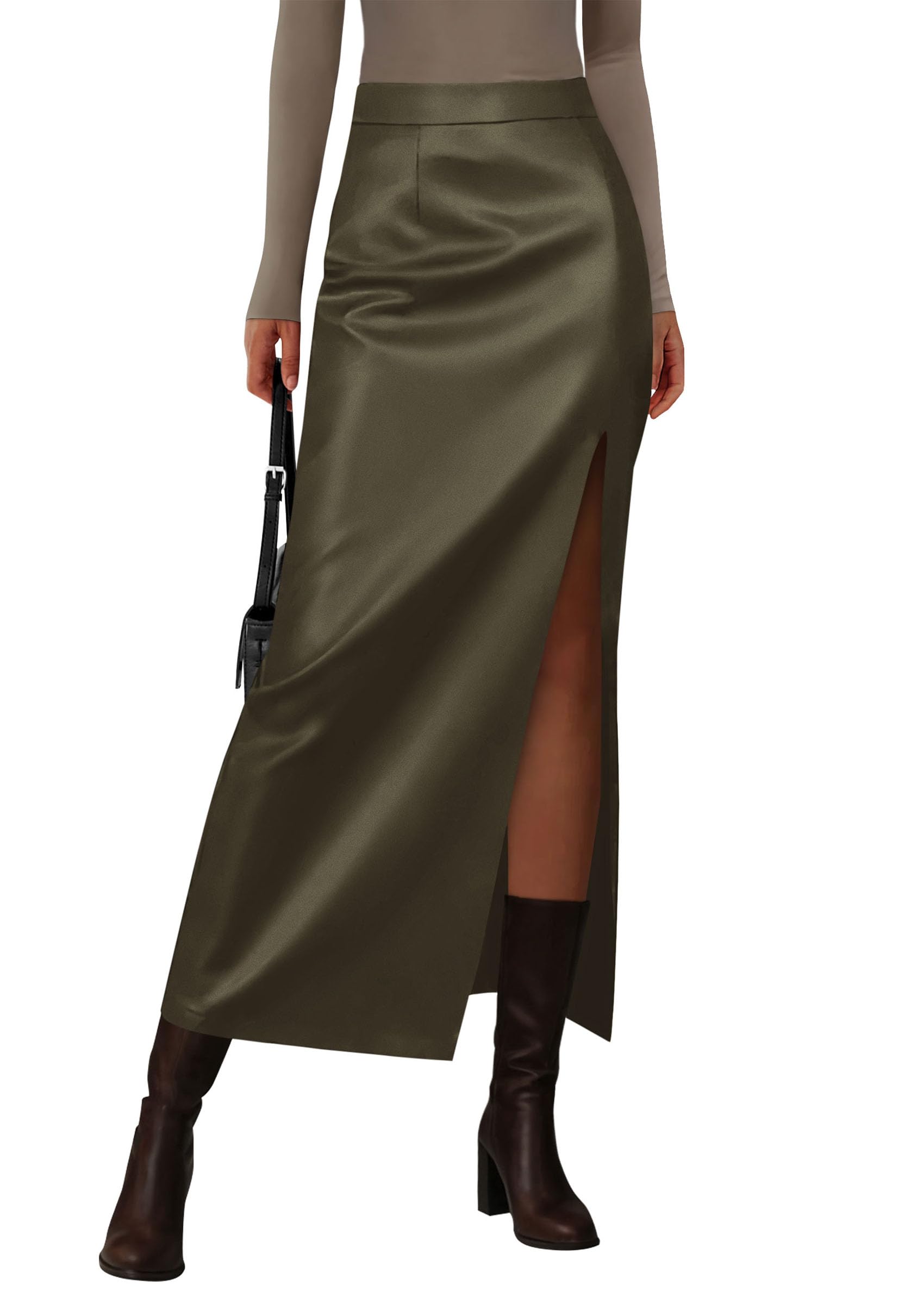 Women's Faux Leather Long Pencil Skirt,Dark Army Green,XS