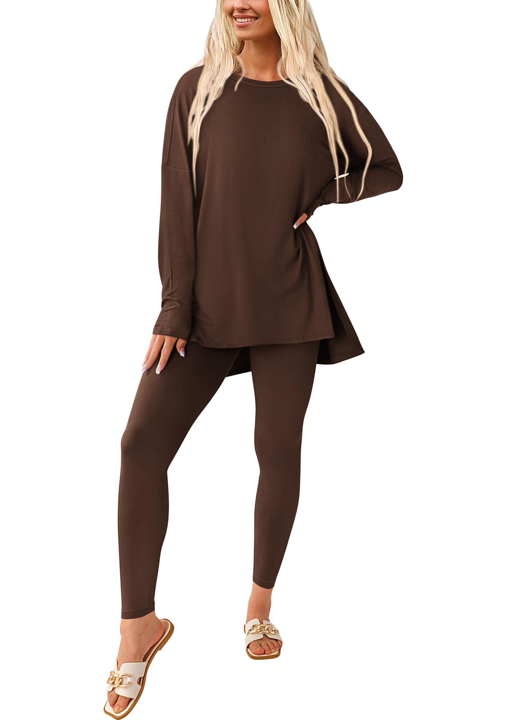 Women's 2 Piece Outfits Matching Lounge Sets,Coffee,S