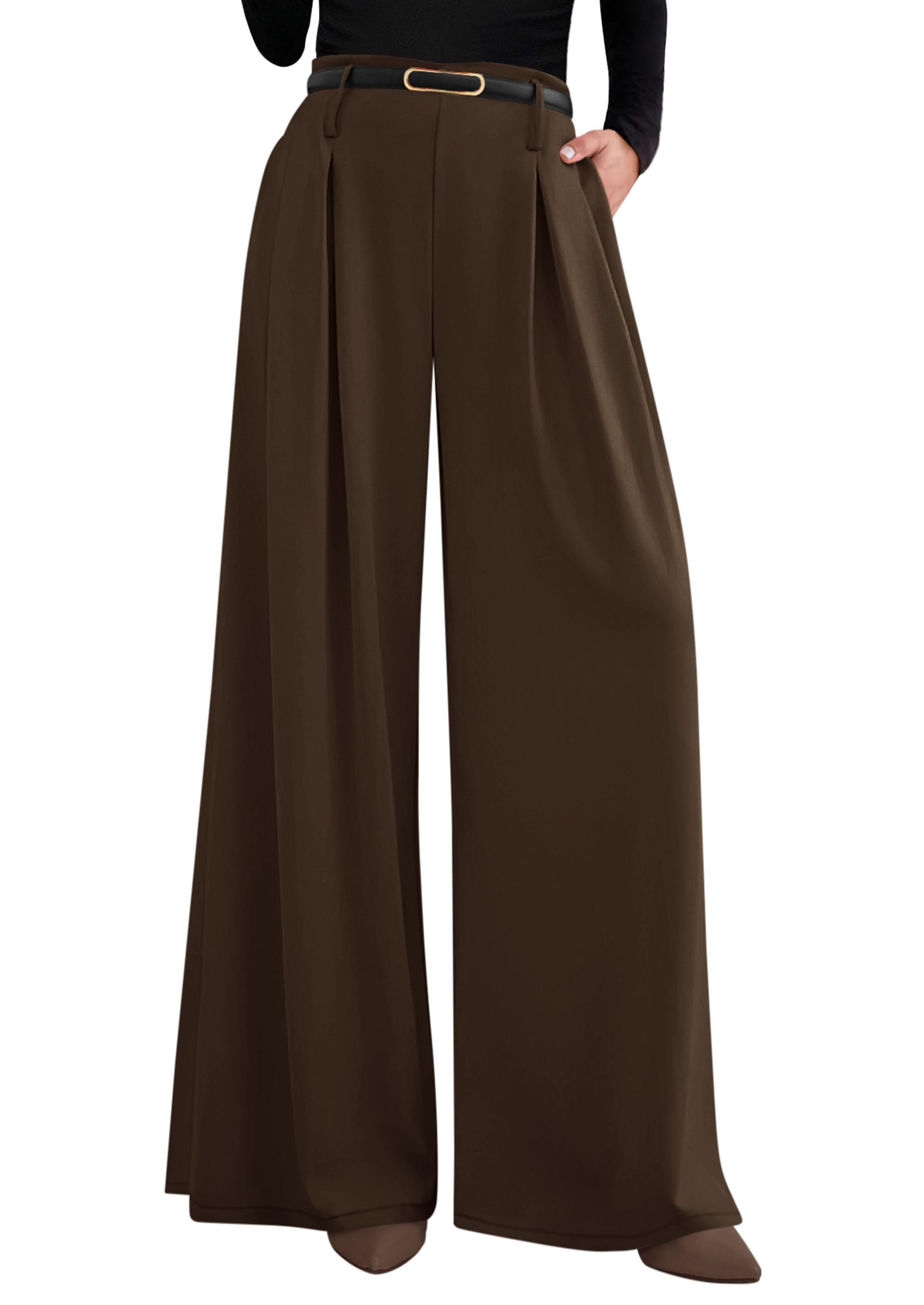 Womens Wide Leg Dress Pants Flowy Trousers,Brown,S