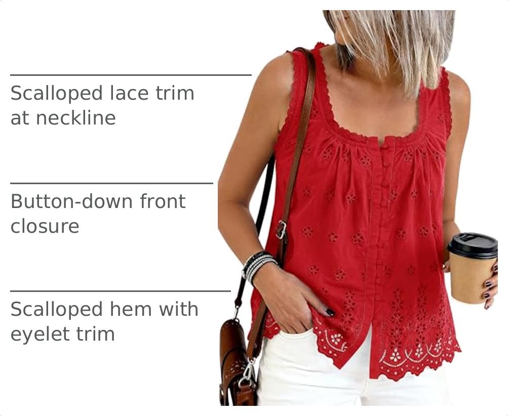 Women's Lace Tank Top Embroidery Eyelet Blouses,Red,S