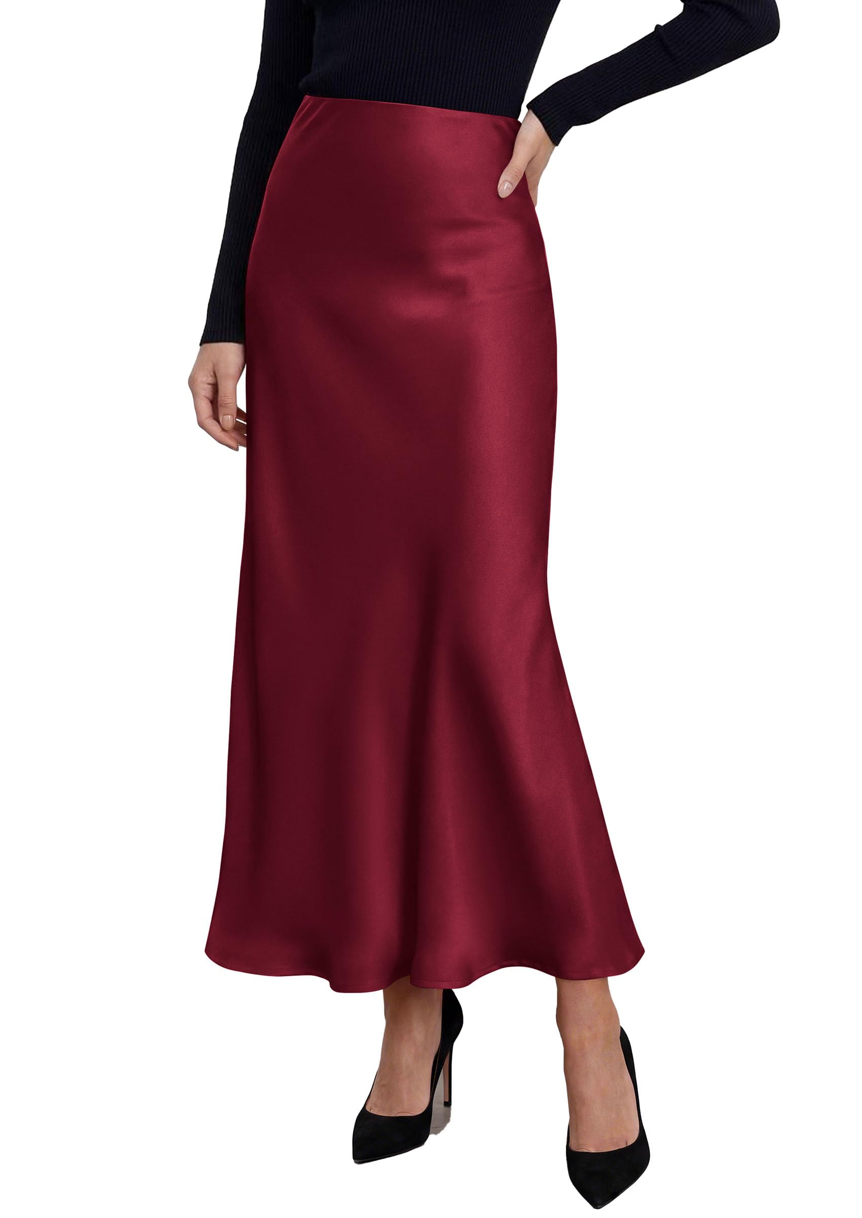 Women's Silk Satin Maxi Skirts Fall Clothes (Burgundy,S)